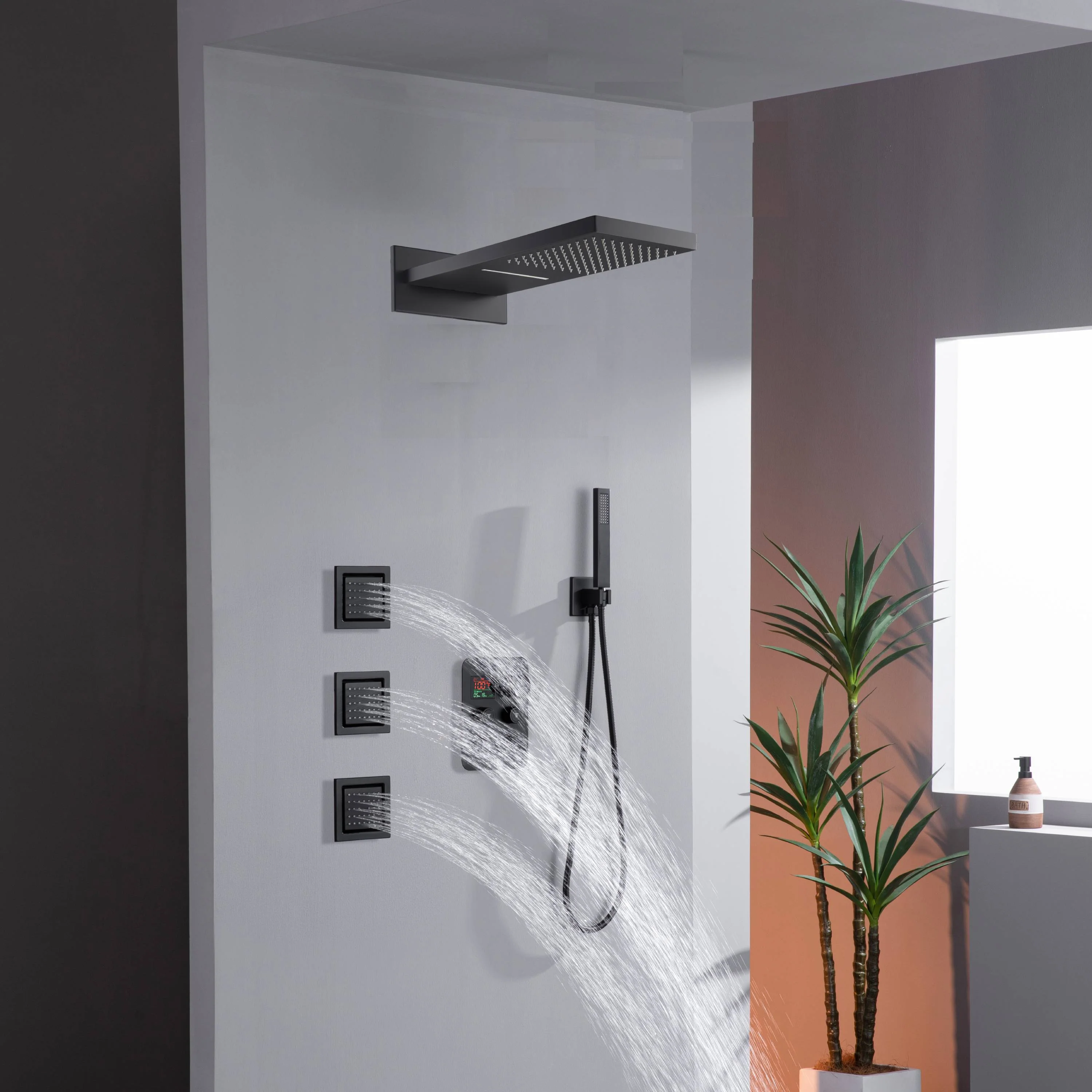Wall Mount 22-Inch Rainfall Waterfall Shower Head with 4-Way Digital Display and Body Jets - Image 28