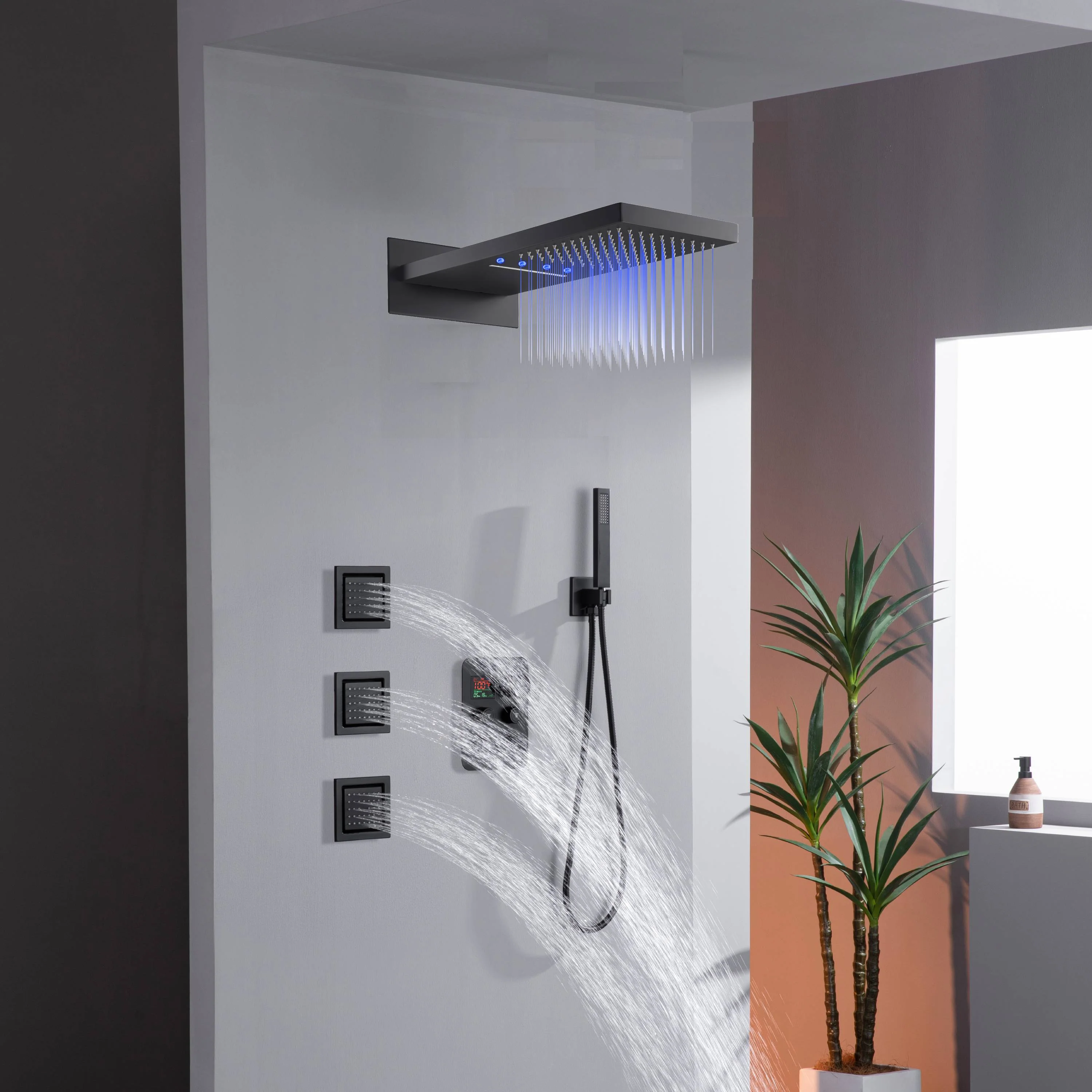 Wall Mount 22-Inch Rainfall Waterfall Shower Head with 4-Way Digital Display and Body Jets - Image 29