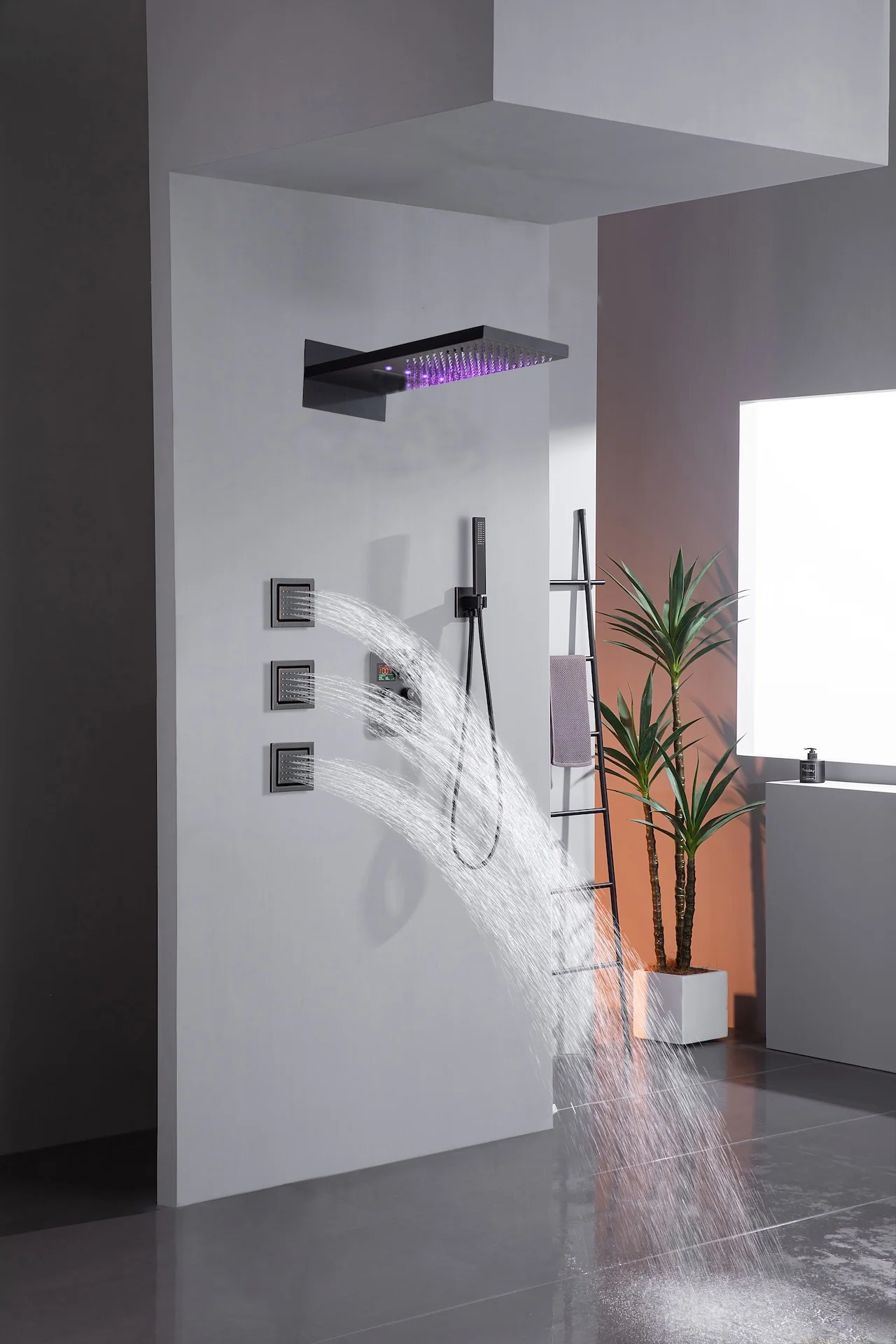 Wall Mount 22-Inch Rainfall Waterfall Shower Head with 4-Way Digital Display and Body Jets - Image 42