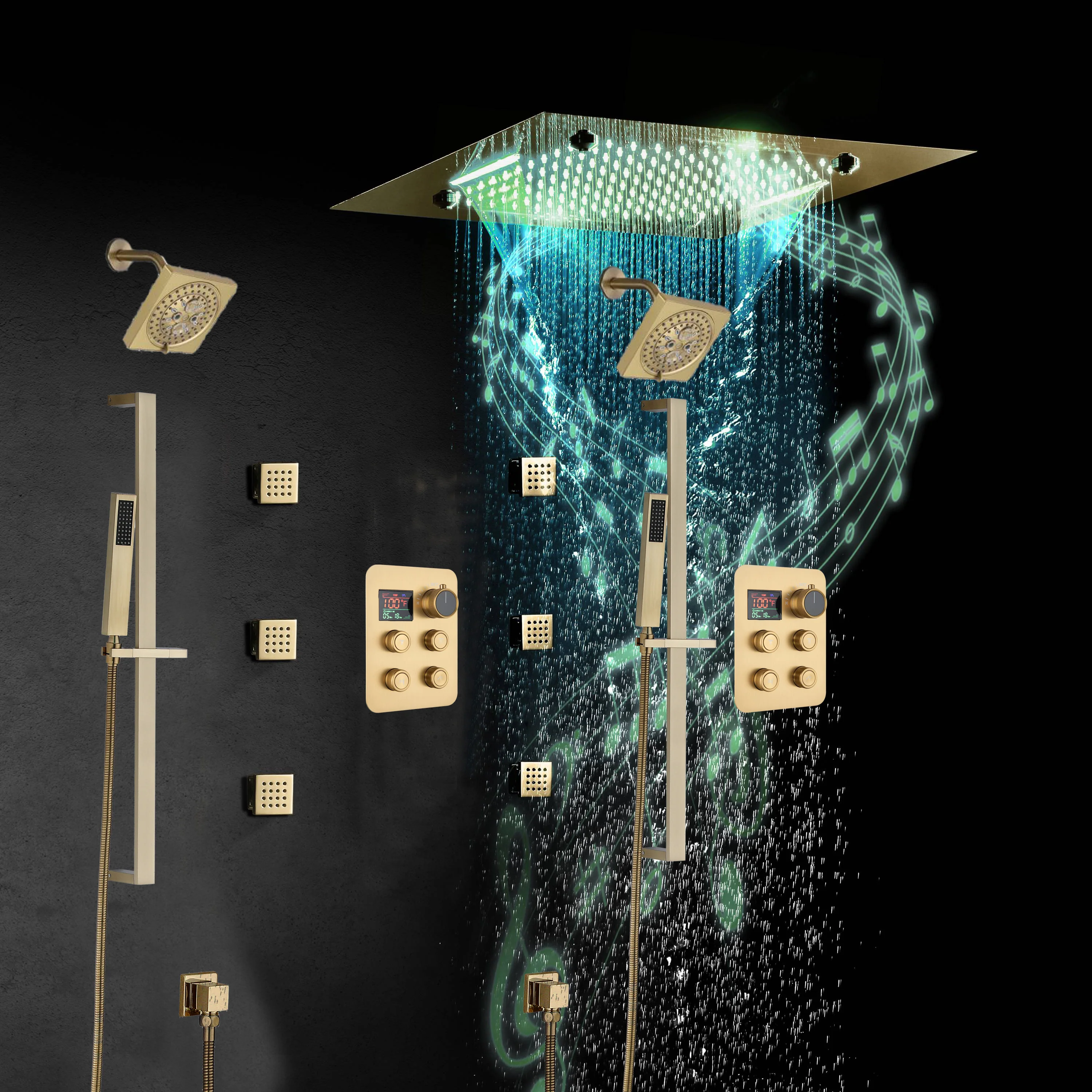 20-Inch Matte Black Or Brushed Gold Rainfall, Waterfall, and Mist Shower System with LED Colors, Bluetooth Music, 8-Way Thermostatic Valve, 6 Body Jets, and Touch Panel - Image 11