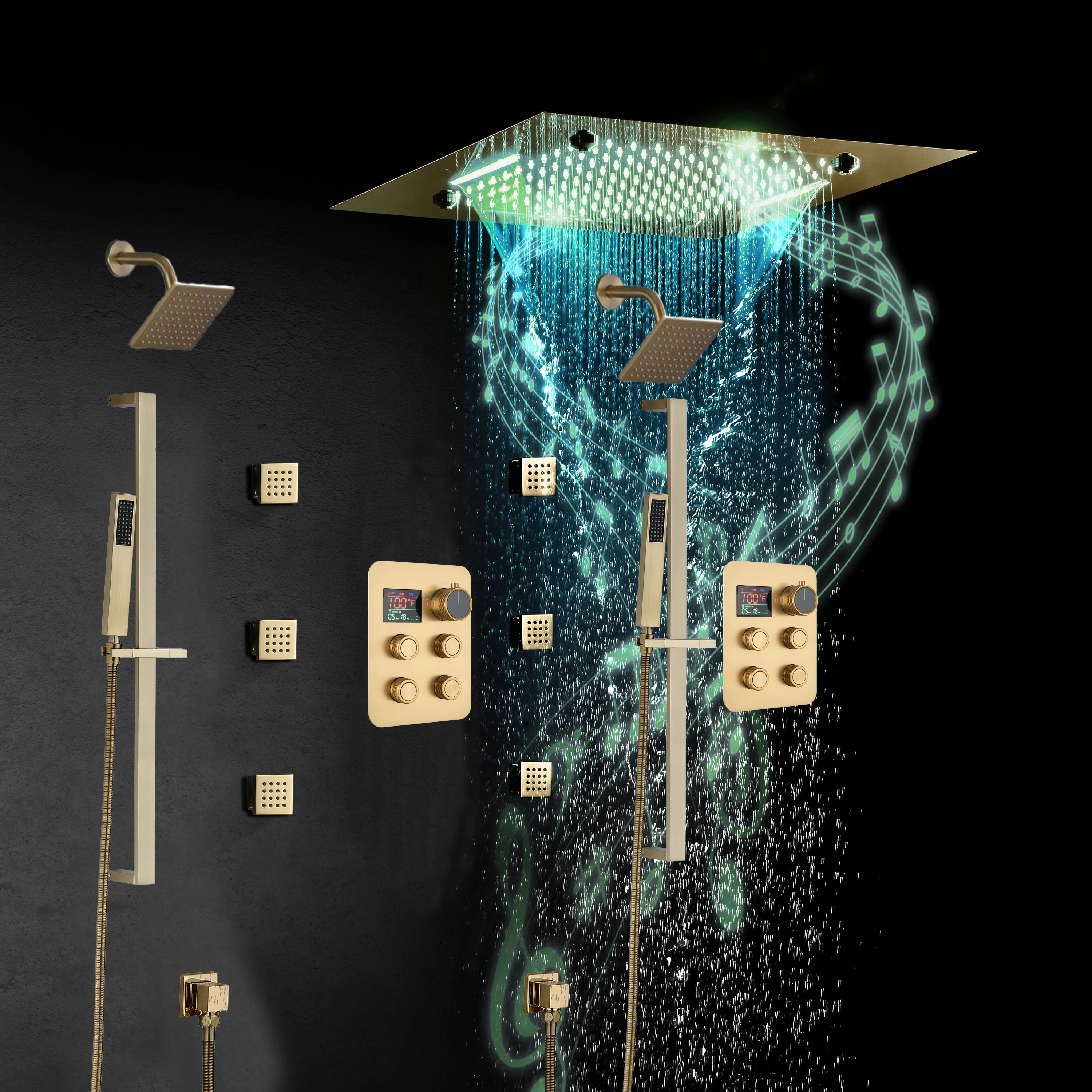 20-Inch Matte Black Or Brushed Gold Rainfall, Waterfall, and Mist Shower System with LED Colors, Bluetooth Music, 8-Way Thermostatic Valve, 6 Body Jets, and Touch Panel - Image 12