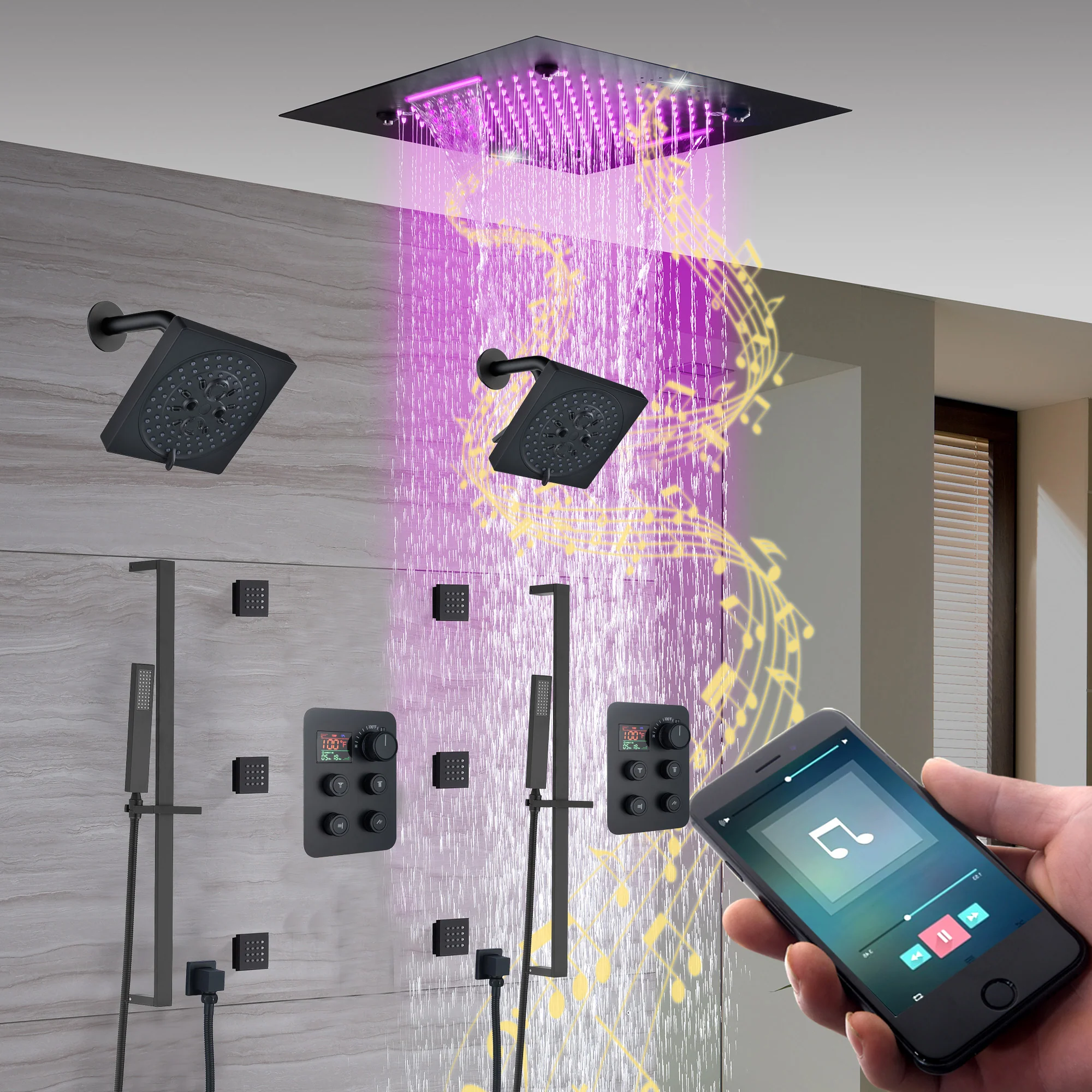20-Inch Matte Black Or Brushed Gold Rainfall, Waterfall, and Mist Shower System with LED Colors, Bluetooth Music, 8-Way Thermostatic Valve, 6 Body Jets, and Touch Panel - Image 2