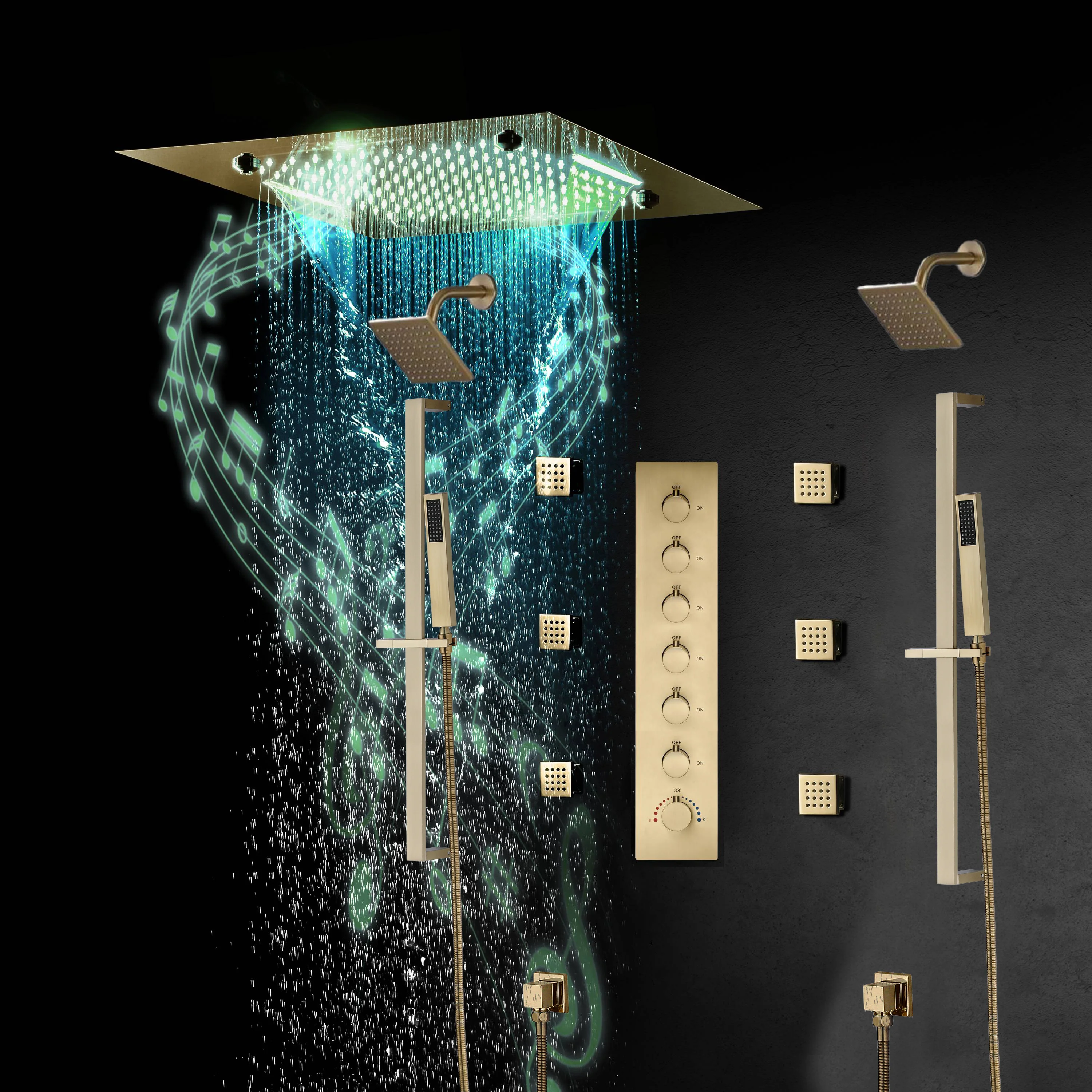 20-Inch Matte Black Or Brushed Gold or brushed nickel Rainfall, Waterfall, and Mist Shower System with LED Colors, Bluetooth Music, 6-Way Thermostatic Valve, 6 Body Jets, and Touch Panel - Image 13