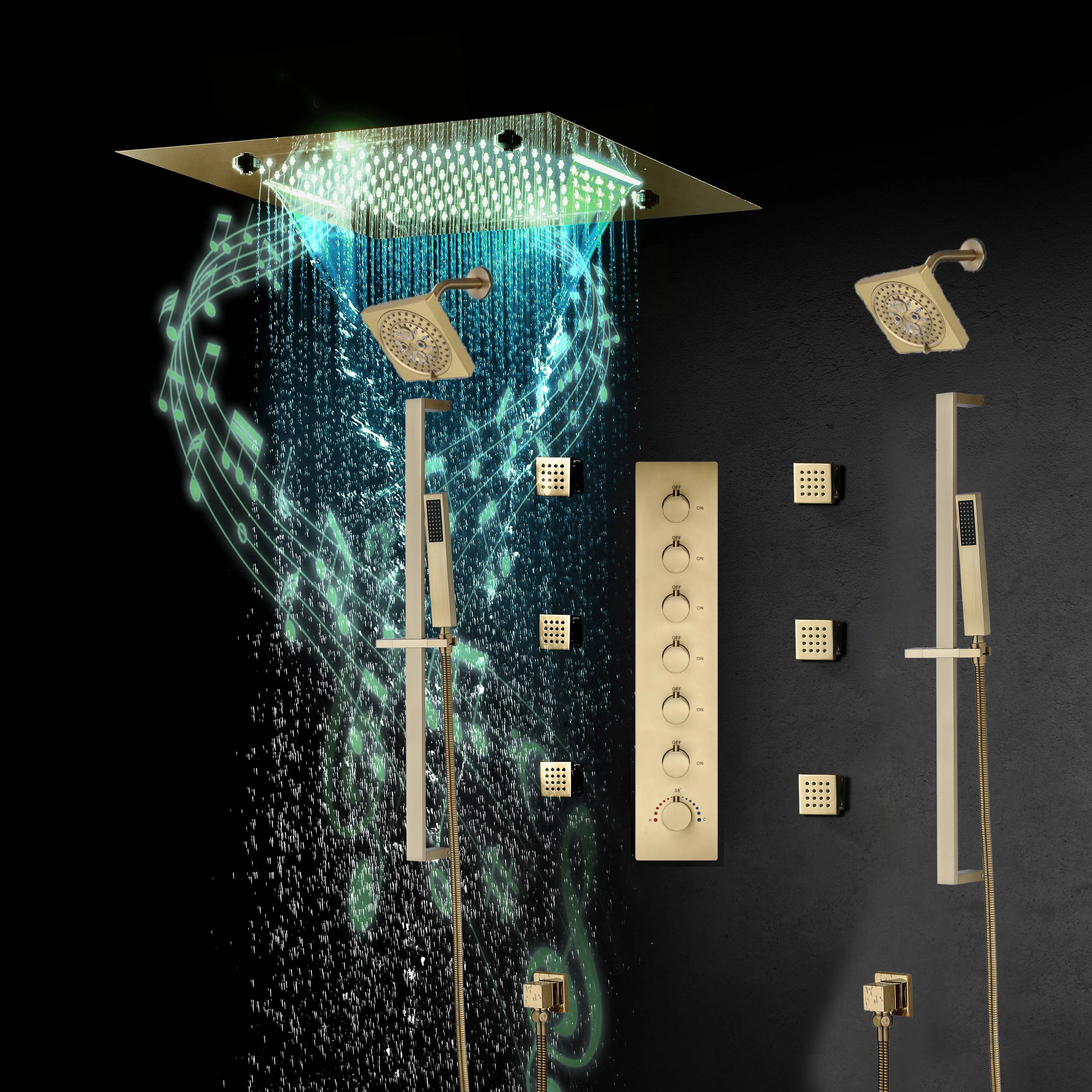 20-Inch Matte Black Or Brushed Gold or brushed nickel Rainfall, Waterfall, and Mist Shower System with LED Colors, Bluetooth Music, 6-Way Thermostatic Valve, 6 Body Jets, and Touch Panel - Image 14