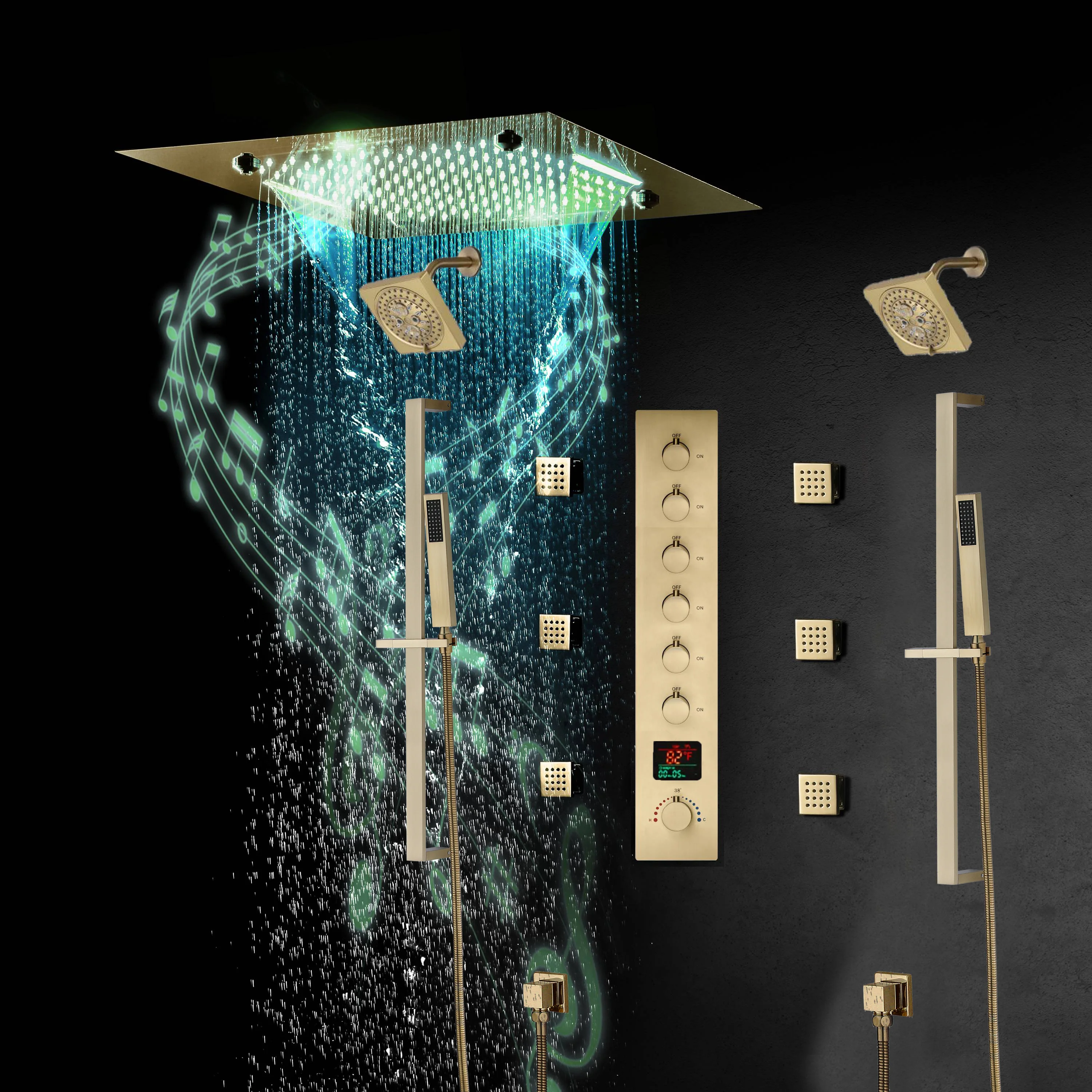 20-Inch Matte Black Or Brushed Gold or brushed nickel Rainfall, Waterfall, and Mist Shower System with LED Colors, Bluetooth Music, 6-Way Thermostatic Valve, 6 Body Jets, and Touch Panel - Image 15