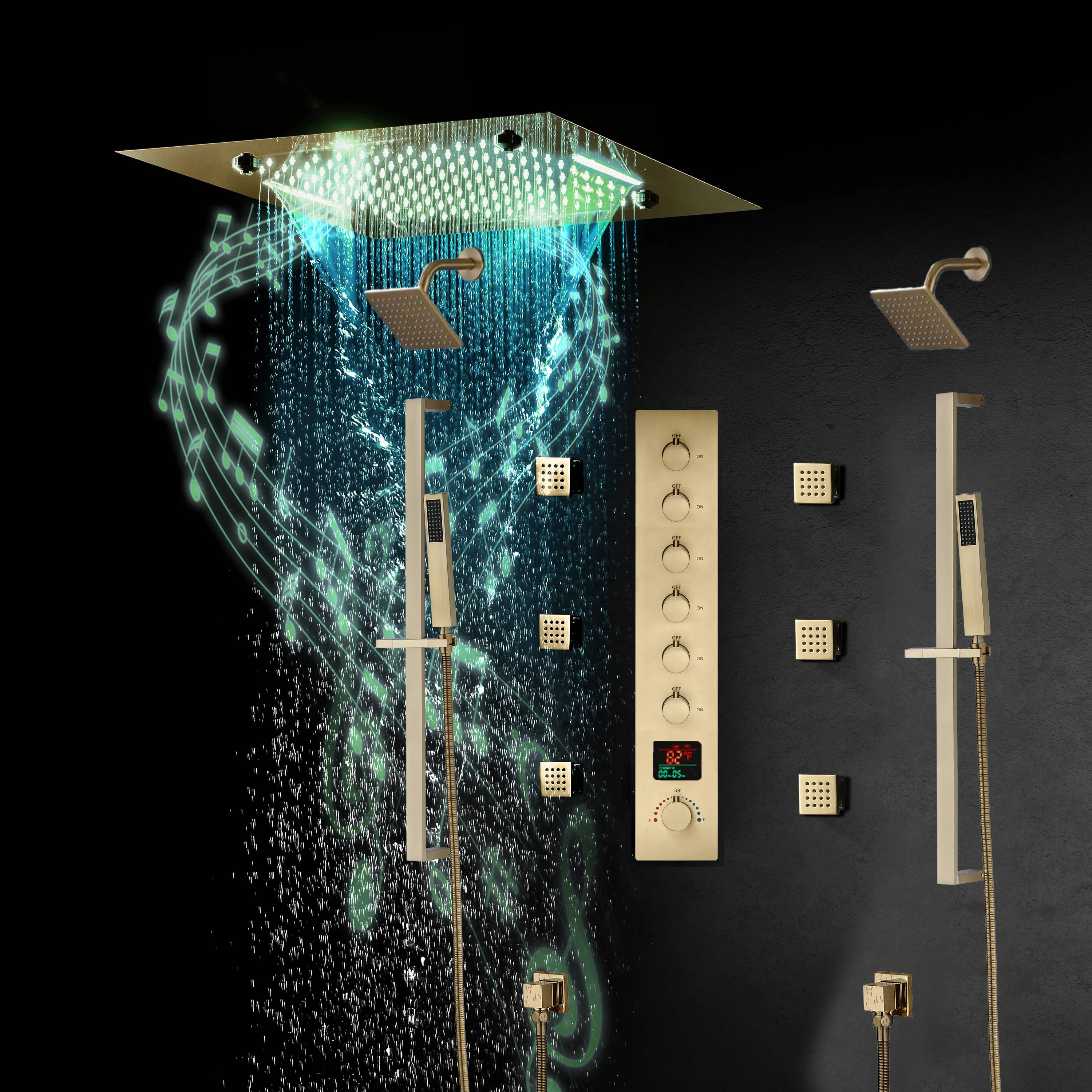 20-Inch Matte Black Or Brushed Gold or brushed nickel Rainfall, Waterfall, and Mist Shower System with LED Colors, Bluetooth Music, 6-Way Thermostatic Valve, 6 Body Jets, and Touch Panel - Image 16