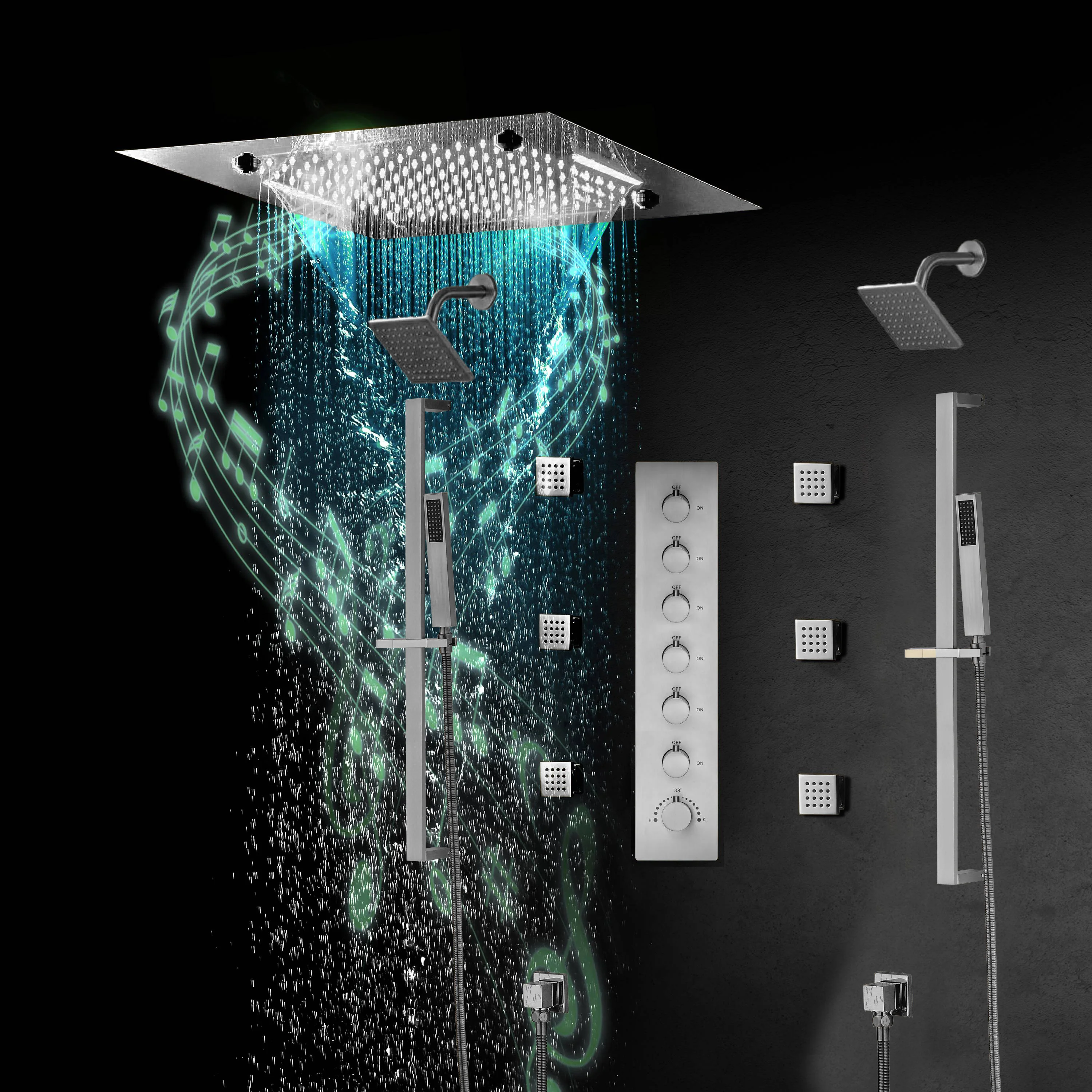 20-Inch Matte Black Or Brushed Gold or brushed nickel Rainfall, Waterfall, and Mist Shower System with LED Colors, Bluetooth Music, 6-Way Thermostatic Valve, 6 Body Jets, and Touch Panel - Image 18