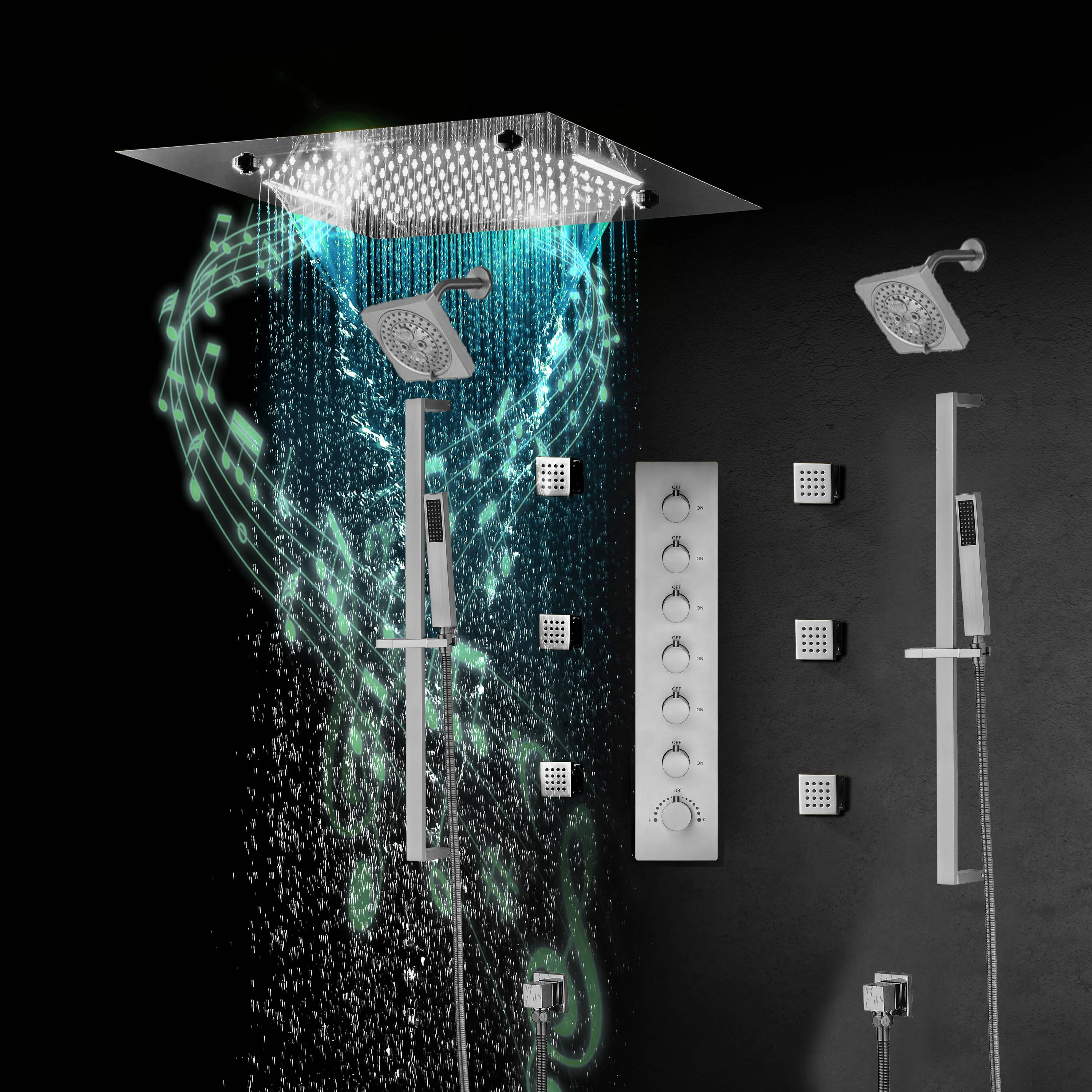 20-Inch Matte Black Or Brushed Gold or brushed nickel Rainfall, Waterfall, and Mist Shower System with LED Colors, Bluetooth Music, 6-Way Thermostatic Valve, 6 Body Jets, and Touch Panel - Image 19