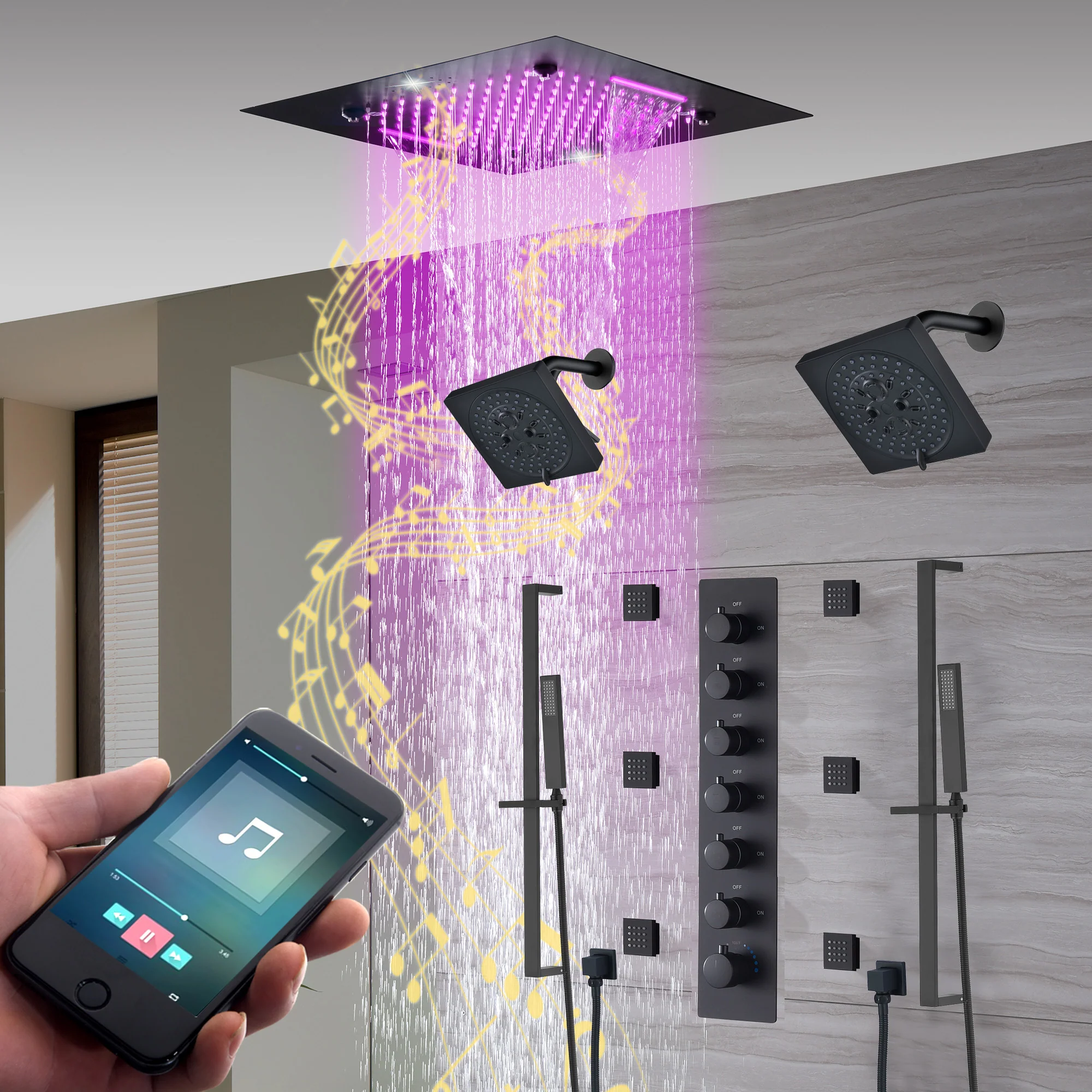 20-Inch Matte Black Or Brushed Gold or brushed nickel Rainfall, Waterfall, and Mist Shower System with LED Colors, Bluetooth Music, 6-Way Thermostatic Valve, 6 Body Jets, and Touch Panel - Image 2