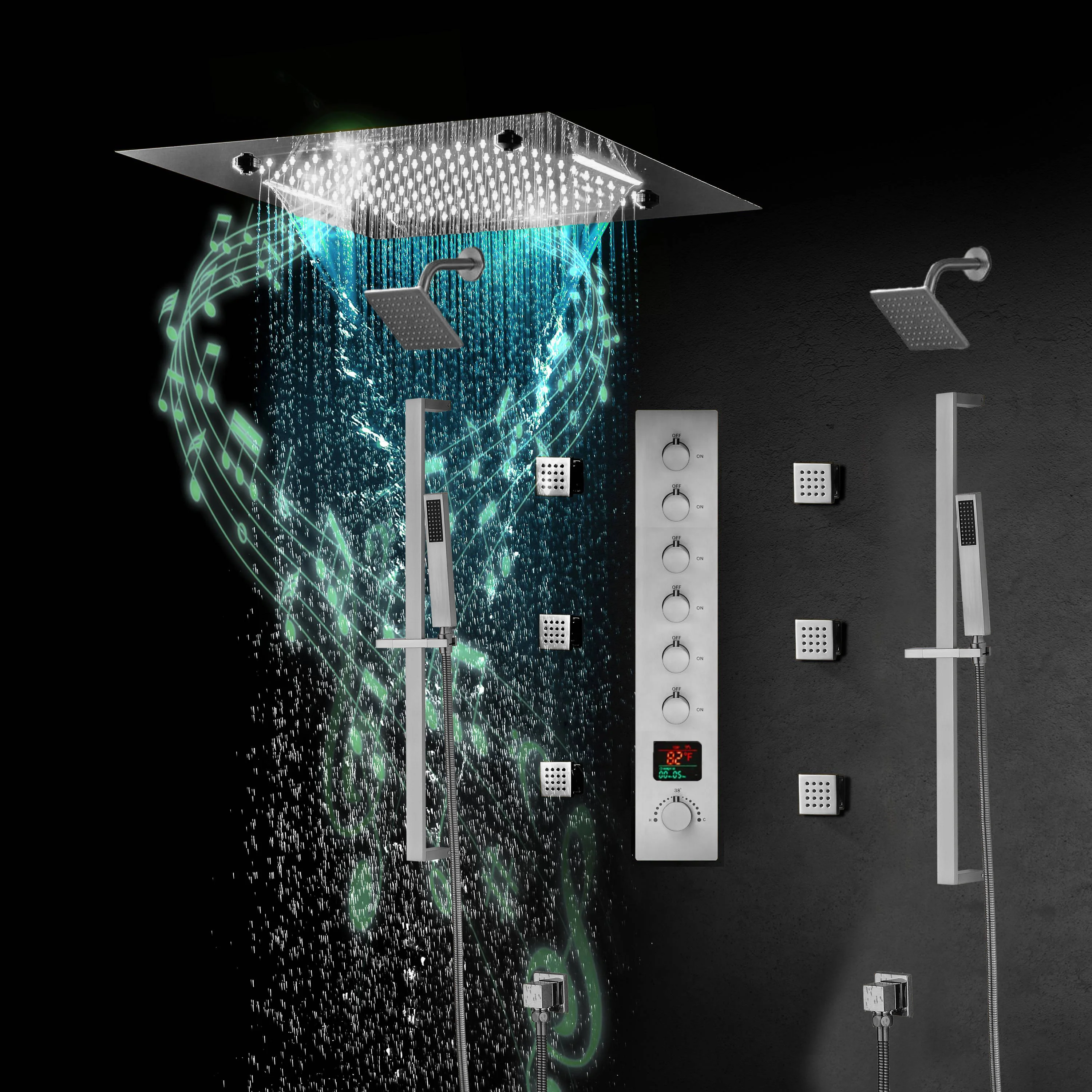 20-Inch Matte Black Or Brushed Gold or brushed nickel Rainfall, Waterfall, and Mist Shower System with LED Colors, Bluetooth Music, 6-Way Thermostatic Valve, 6 Body Jets, and Touch Panel - Image 20