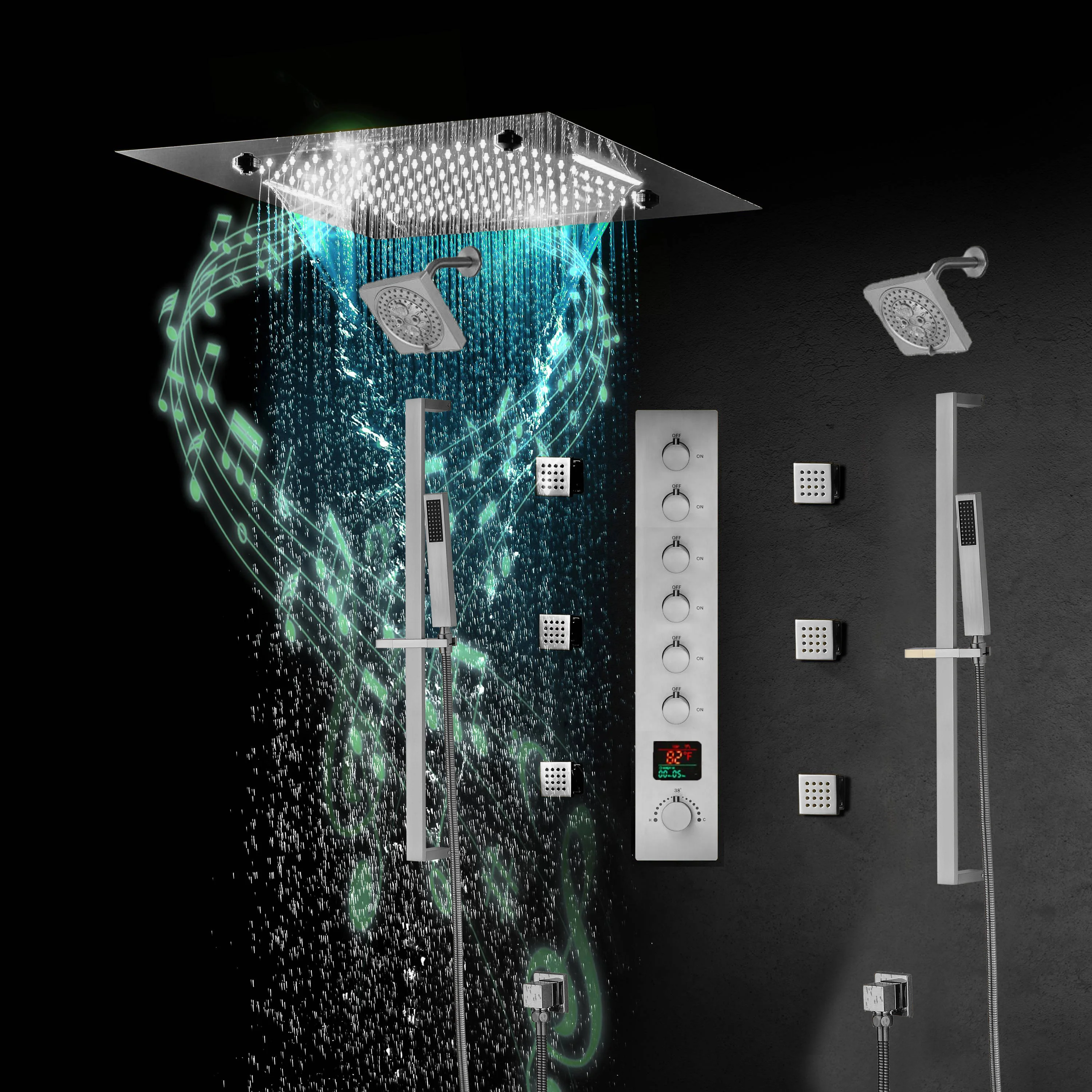 20-Inch Matte Black Or Brushed Gold or brushed nickel Rainfall, Waterfall, and Mist Shower System with LED Colors, Bluetooth Music, 6-Way Thermostatic Valve, 6 Body Jets, and Touch Panel - Image 21