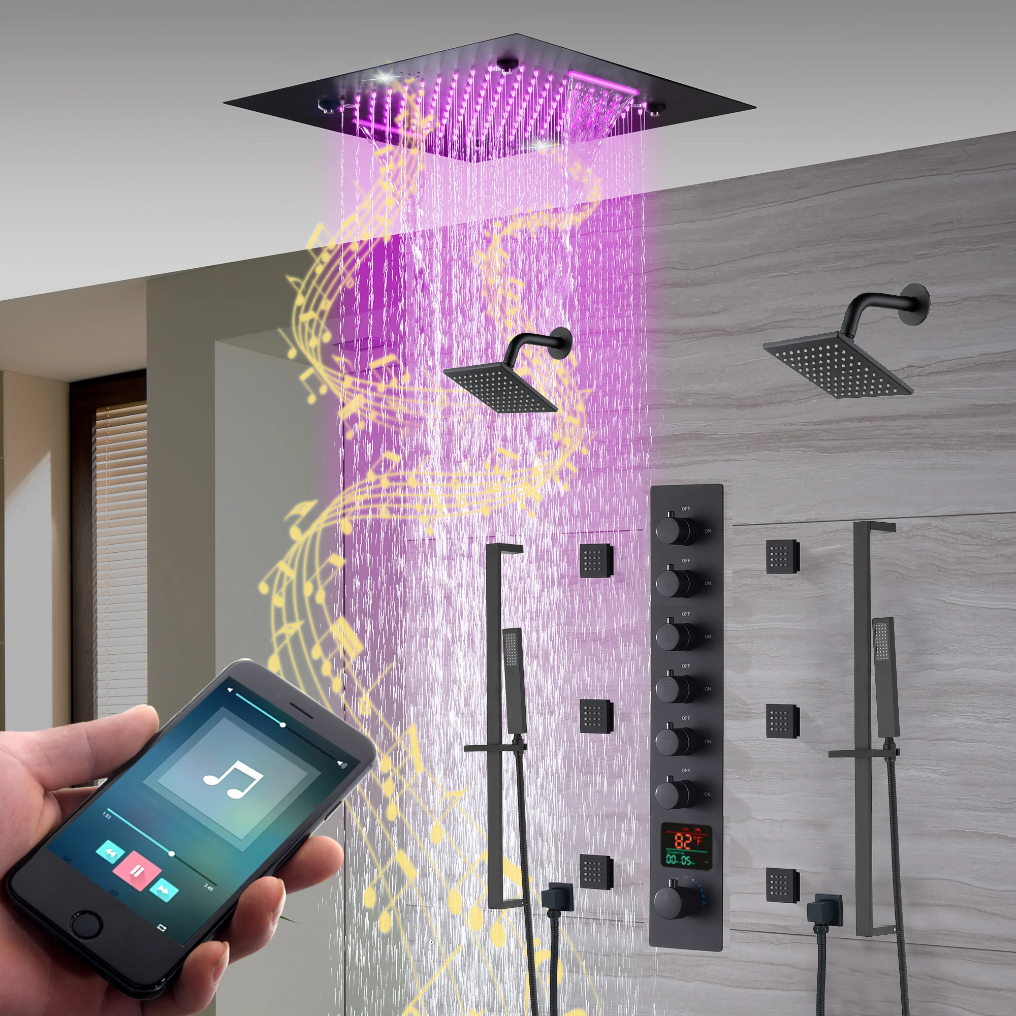 20-Inch Matte Black Or Brushed Gold or brushed nickel Rainfall, Waterfall, and Mist Shower System with LED Colors, Bluetooth Music, 6-Way Thermostatic Valve, 6 Body Jets, and Touch Panel - Image 3