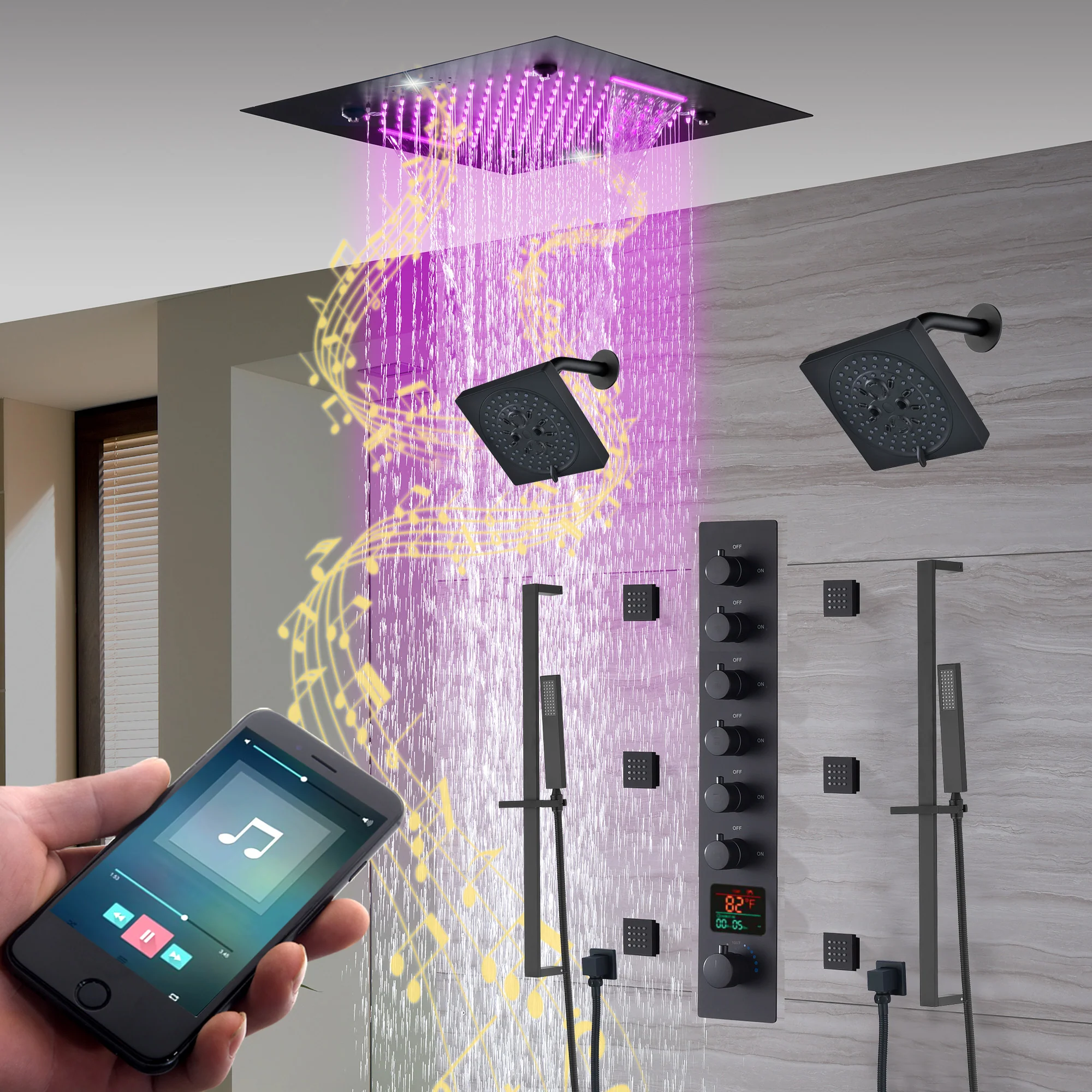 20-Inch Matte Black Or Brushed Gold or brushed nickel Rainfall, Waterfall, and Mist Shower System with LED Colors, Bluetooth Music, 6-Way Thermostatic Valve, 6 Body Jets, and Touch Panel - Image 4