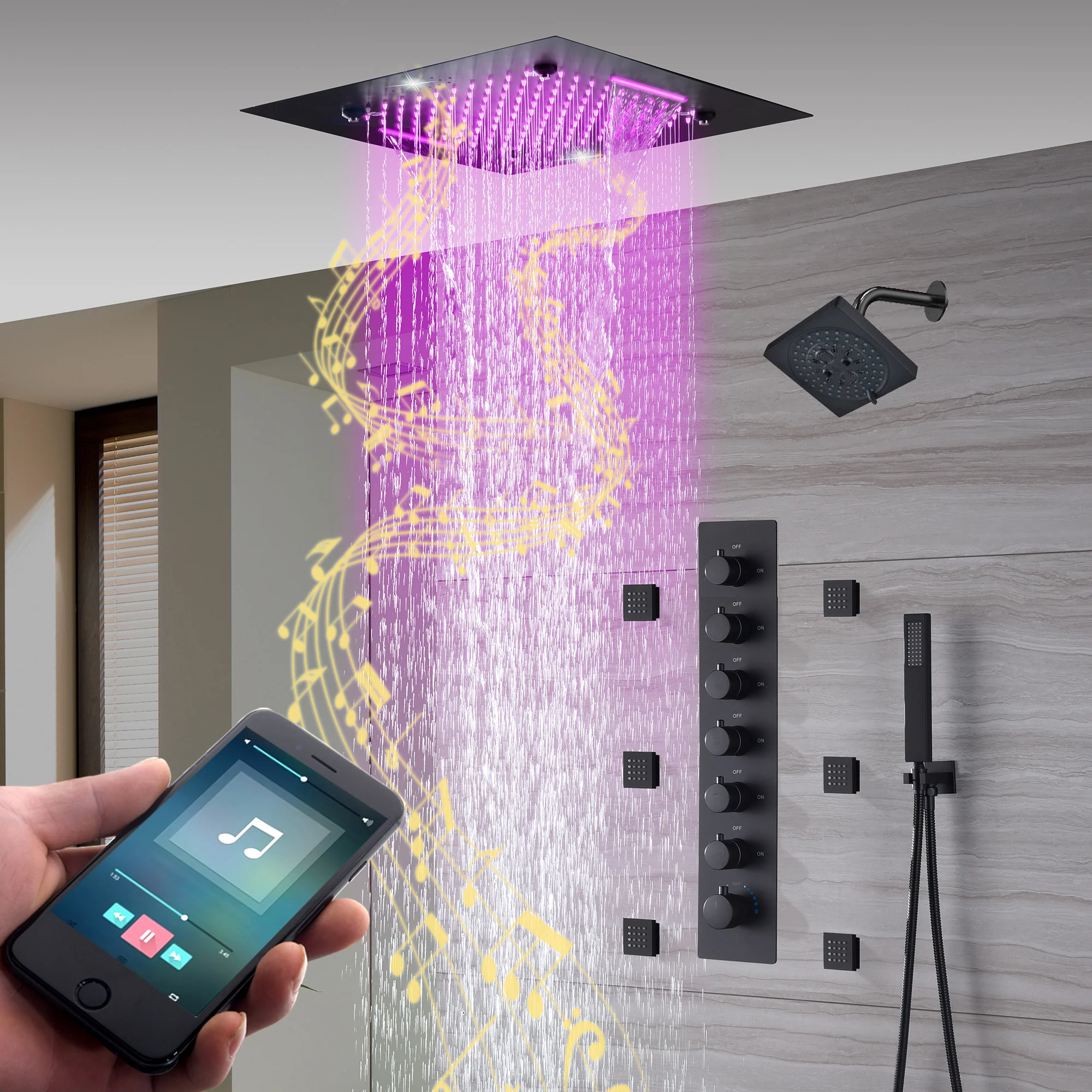 20-Inch Matte Black Rainfall, Waterfall, and Mist Shower System with LED Colors, Bluetooth Music, 6-Way Thermostatic Valve, Body Jets, and Regular Head - Image 2