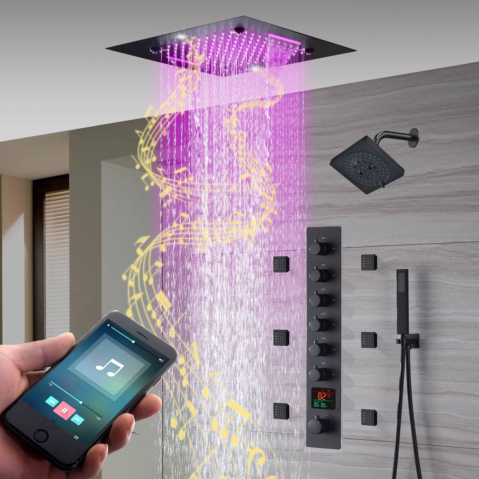 20-Inch Matte Black Rainfall, Waterfall, and Mist Shower System with LED Colors, Bluetooth Music, 6-Way Thermostatic Valve, Body Jets, and Regular Head - Image 4
