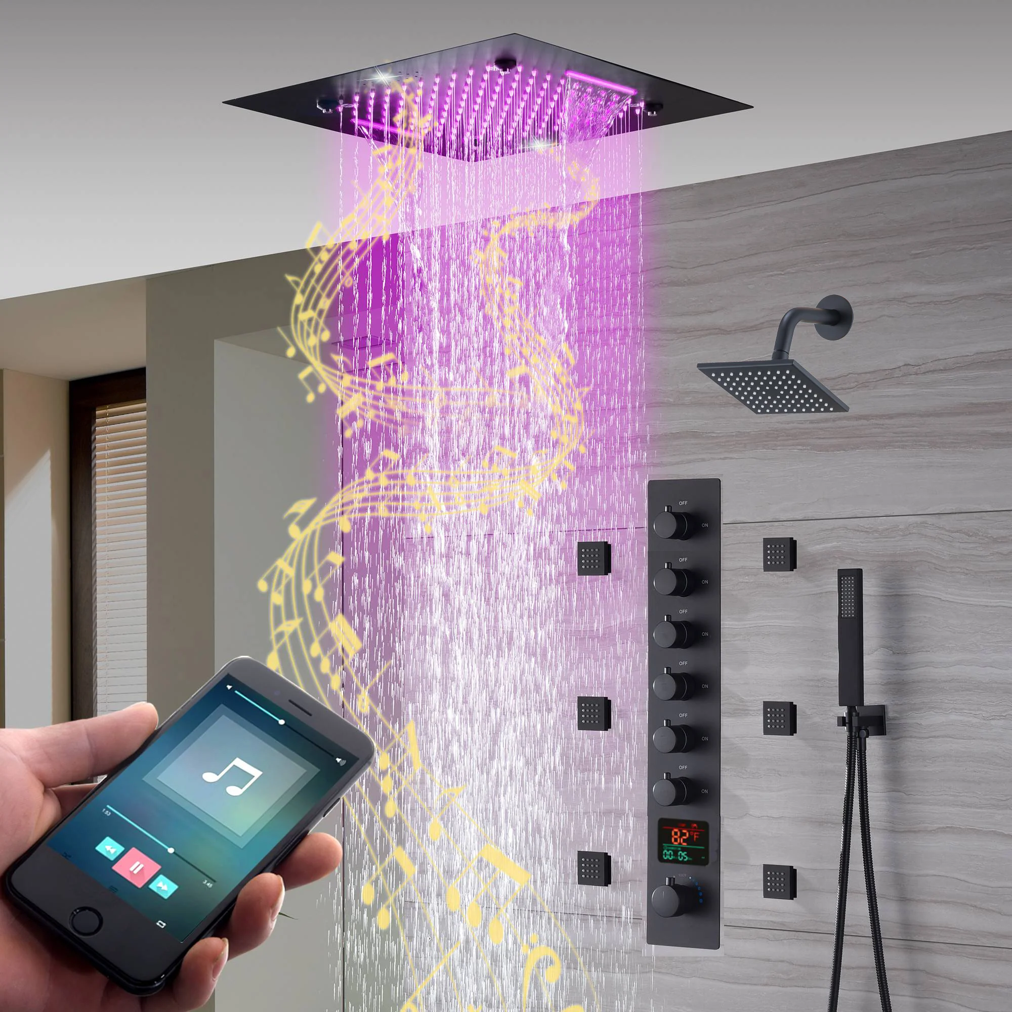 20-Inch Matte Black Rainfall, Waterfall, and Mist Shower System with LED Colors, Bluetooth Music, 6-Way Thermostatic Valve, Body Jets, and Regular Head - Image 5