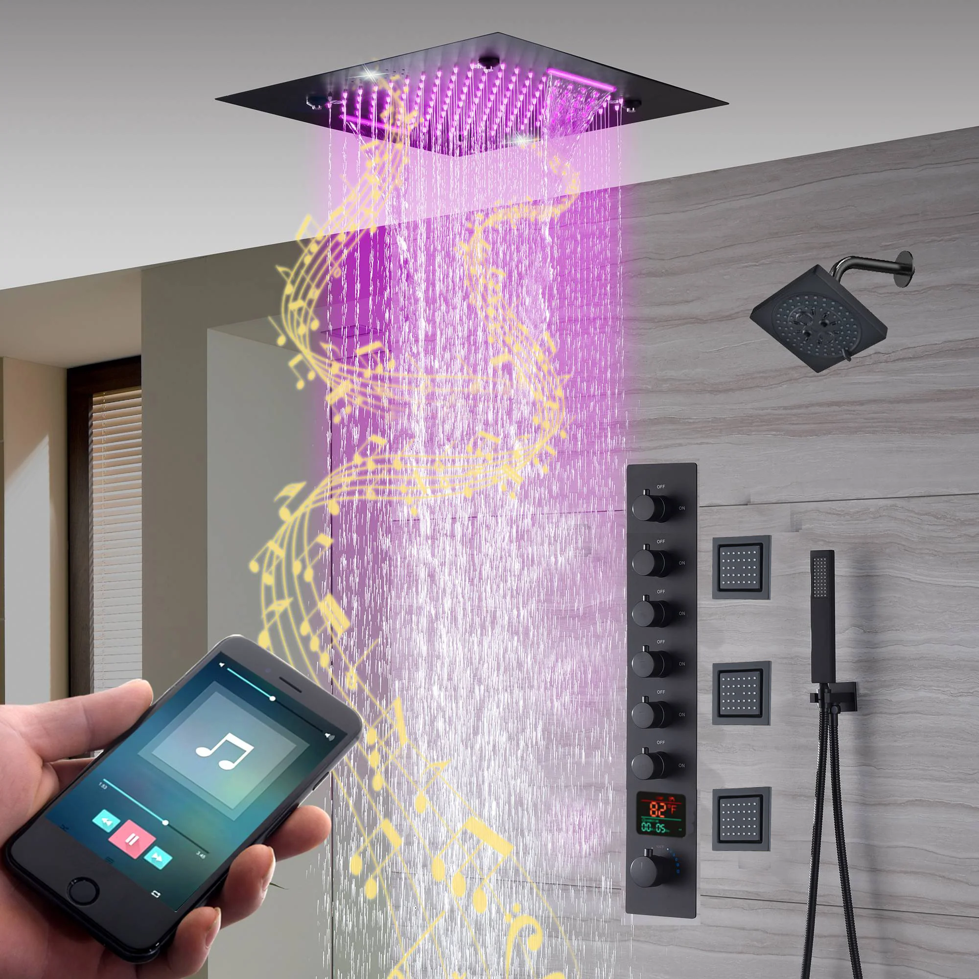 20-Inch Matte Black Rainfall, Waterfall, and Mist Shower System with LED Colors, Bluetooth Music, 6-Way Thermostatic Valve, Body Jets, and Regular Head - Image 6
