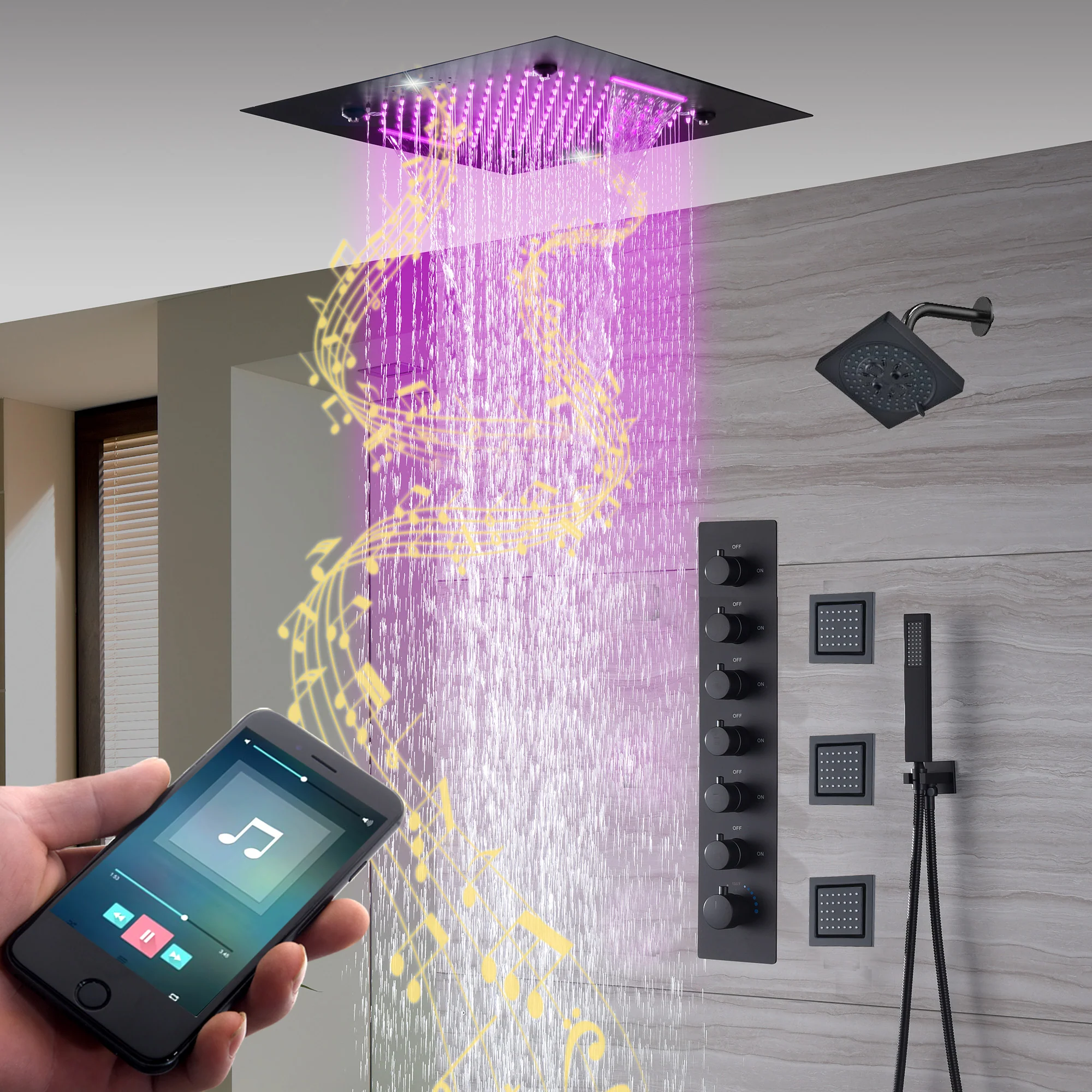 20-Inch Matte Black Rainfall, Waterfall, and Mist Shower System with LED Colors, Bluetooth Music, 6-Way Thermostatic Valve, Body Jets, and Regular Head - Image 7