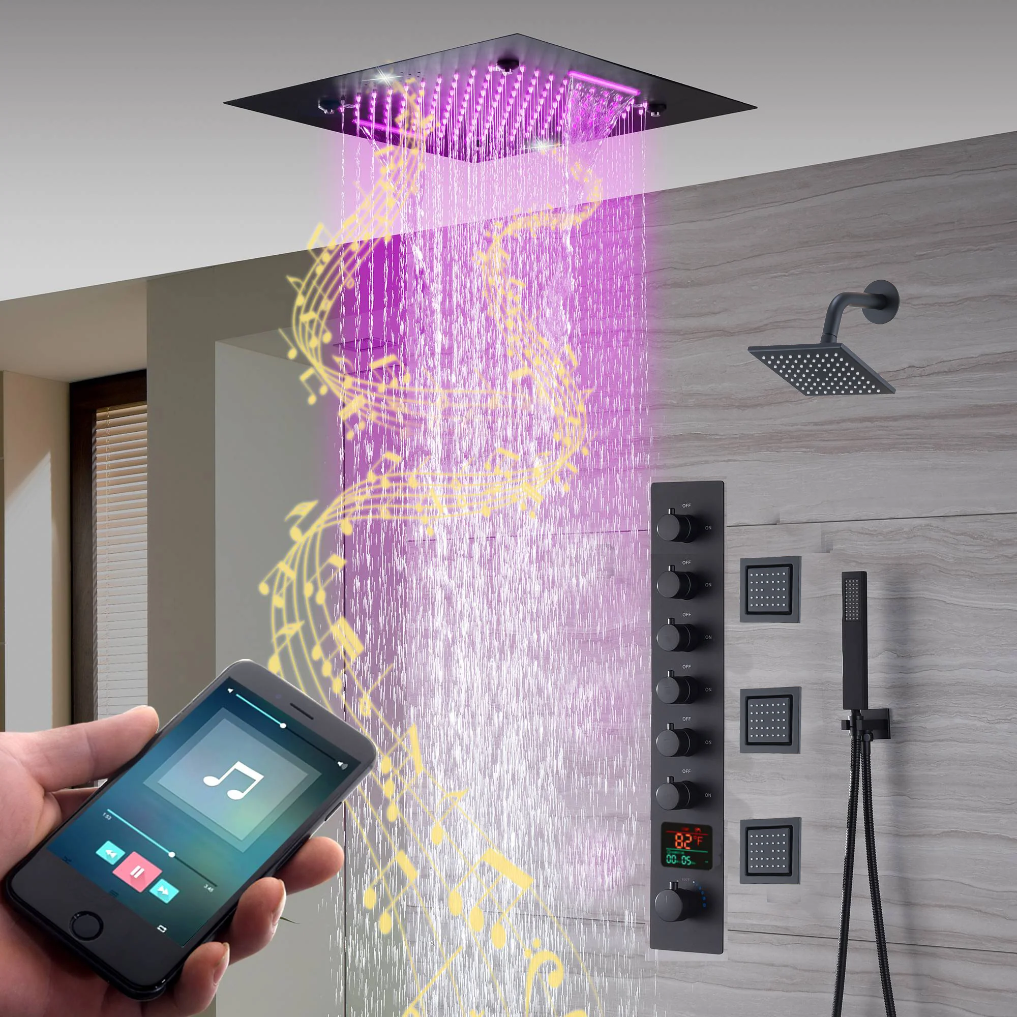20-Inch Matte Black Rainfall, Waterfall, and Mist Shower System with LED Colors, Bluetooth Music, 6-Way Thermostatic Valve, Body Jets, and Regular Head - Image 8