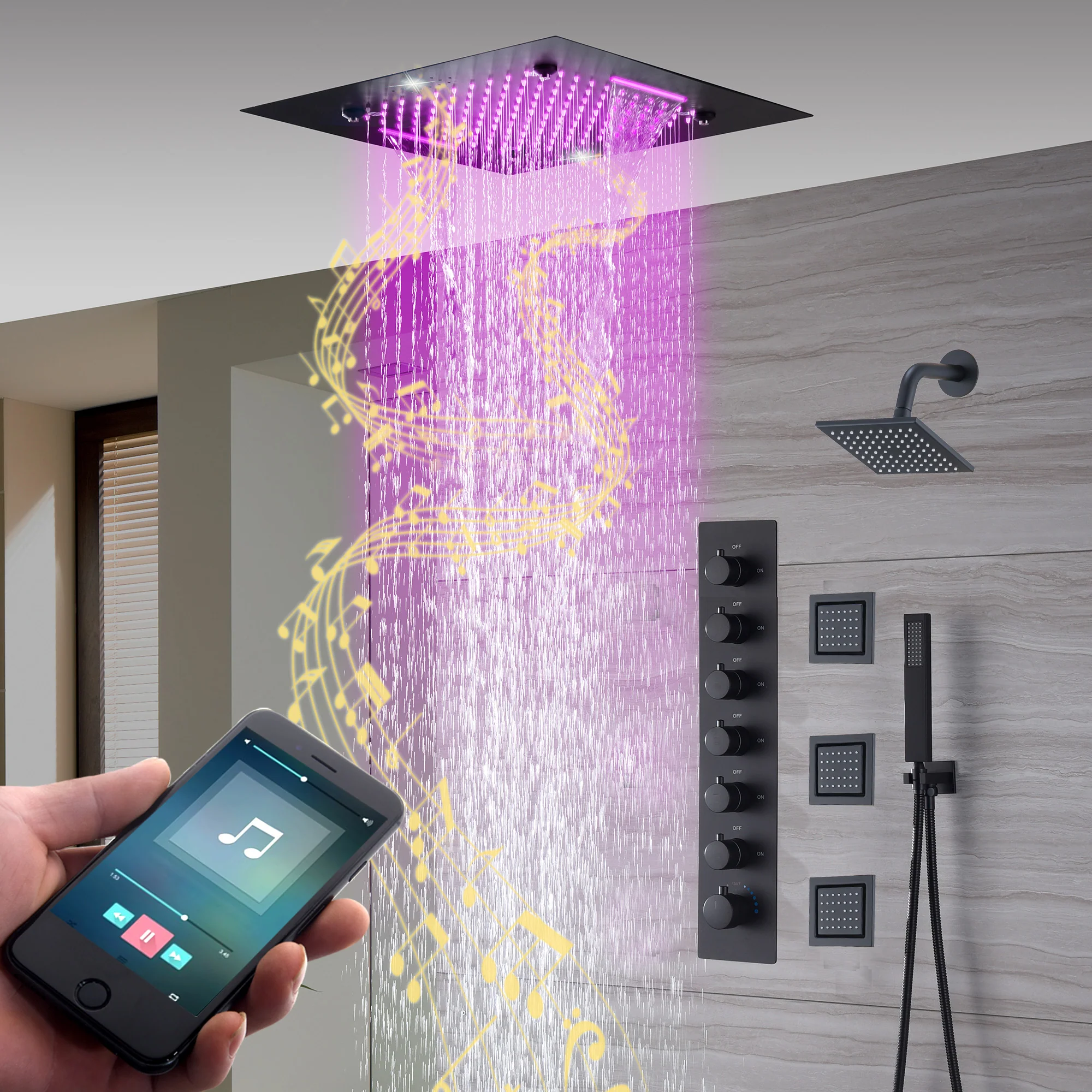 20-Inch Matte Black Rainfall, Waterfall, and Mist Shower System with LED Colors, Bluetooth Music, 6-Way Thermostatic Valve, Body Jets, and Regular Head - Image 9