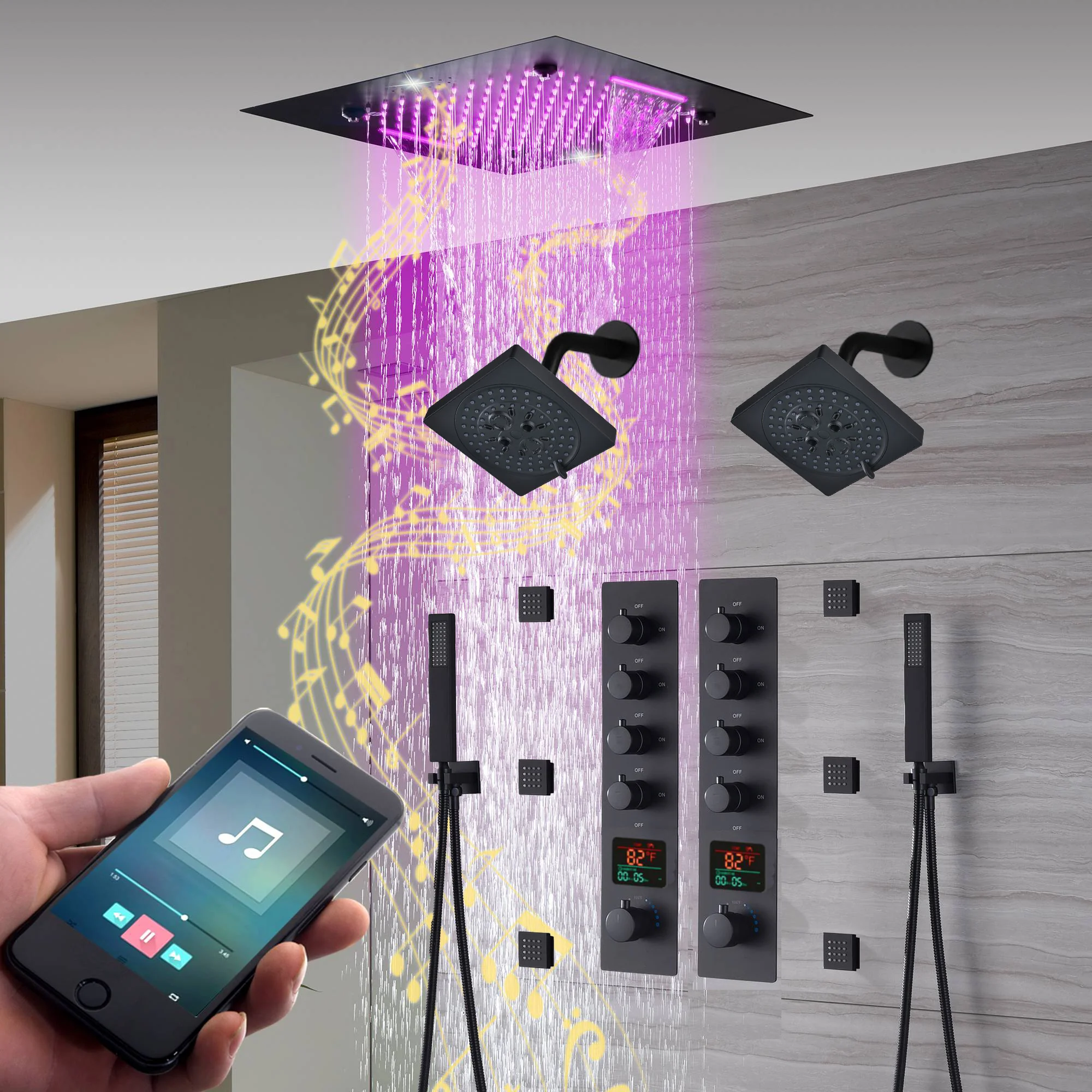 20-Inch Matte Black Rainfall, Waterfall, and Mist Shower System with LED Colors, Bluetooth Music, 8-Way Thermostatic Valve, 6 Body Jets, and Dual Regular heads - Image 2