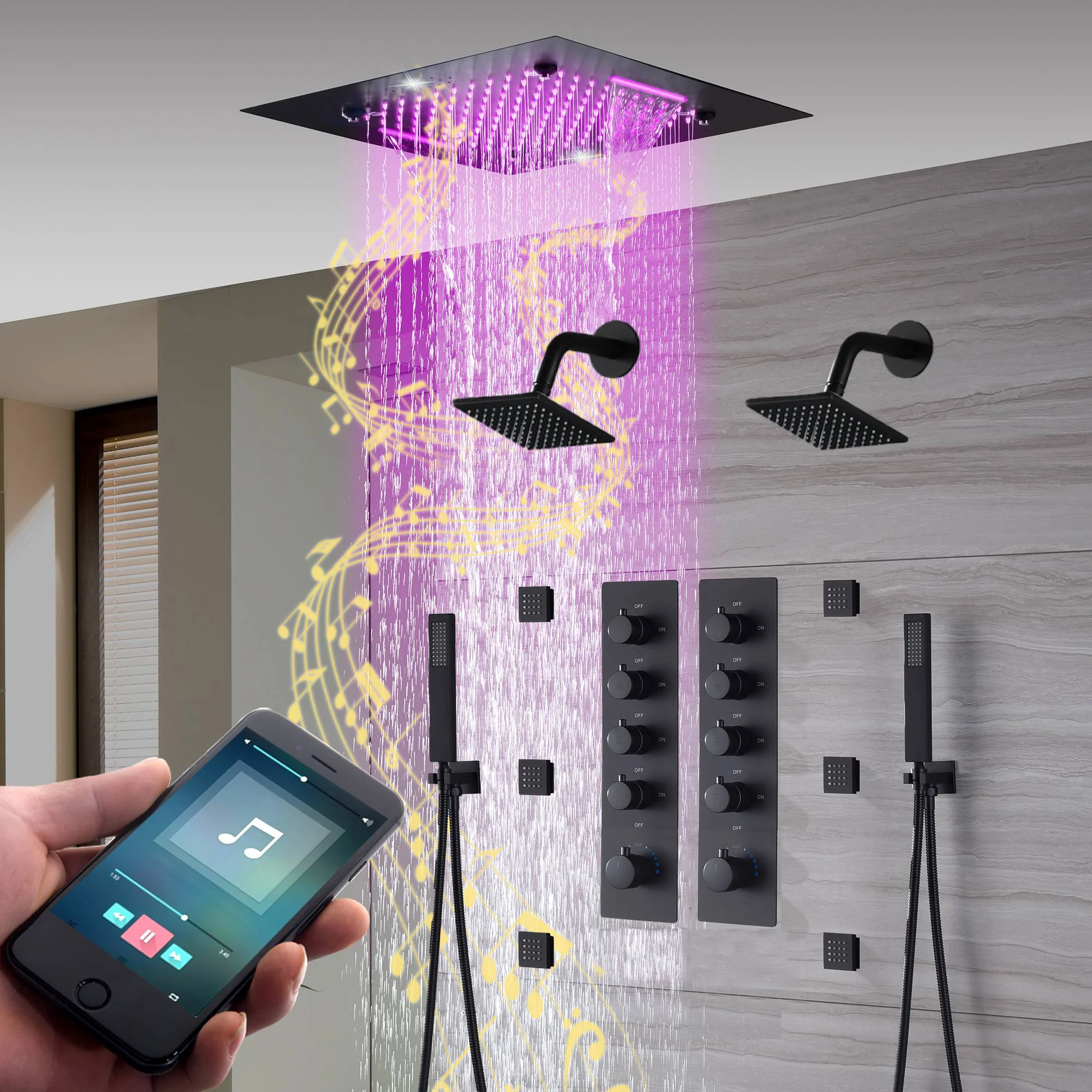 20-Inch Matte Black Rainfall, Waterfall, and Mist Shower System with LED Colors, Bluetooth Music, 8-Way Thermostatic Valve, 6 Body Jets, and Dual Regular heads - Image 3