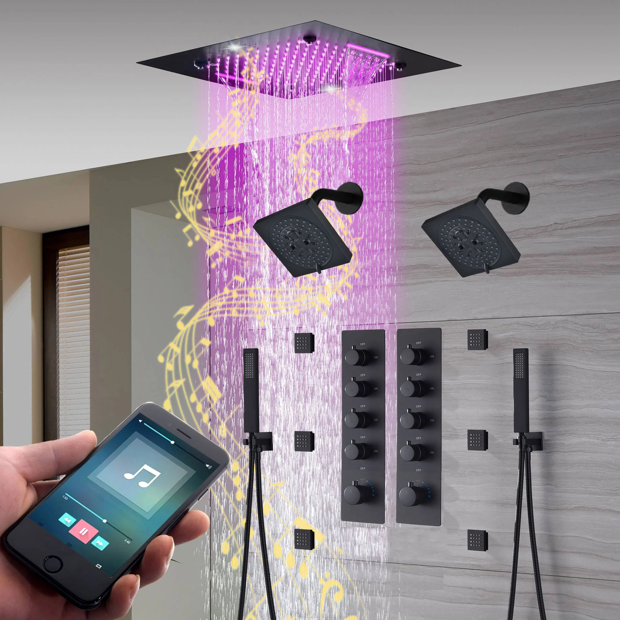 20-Inch Matte Black Rainfall, Waterfall, and Mist Shower System with LED Colors, Bluetooth Music, 8-Way Thermostatic Valve, 6 Body Jets, and Dual Regular heads - Image 4