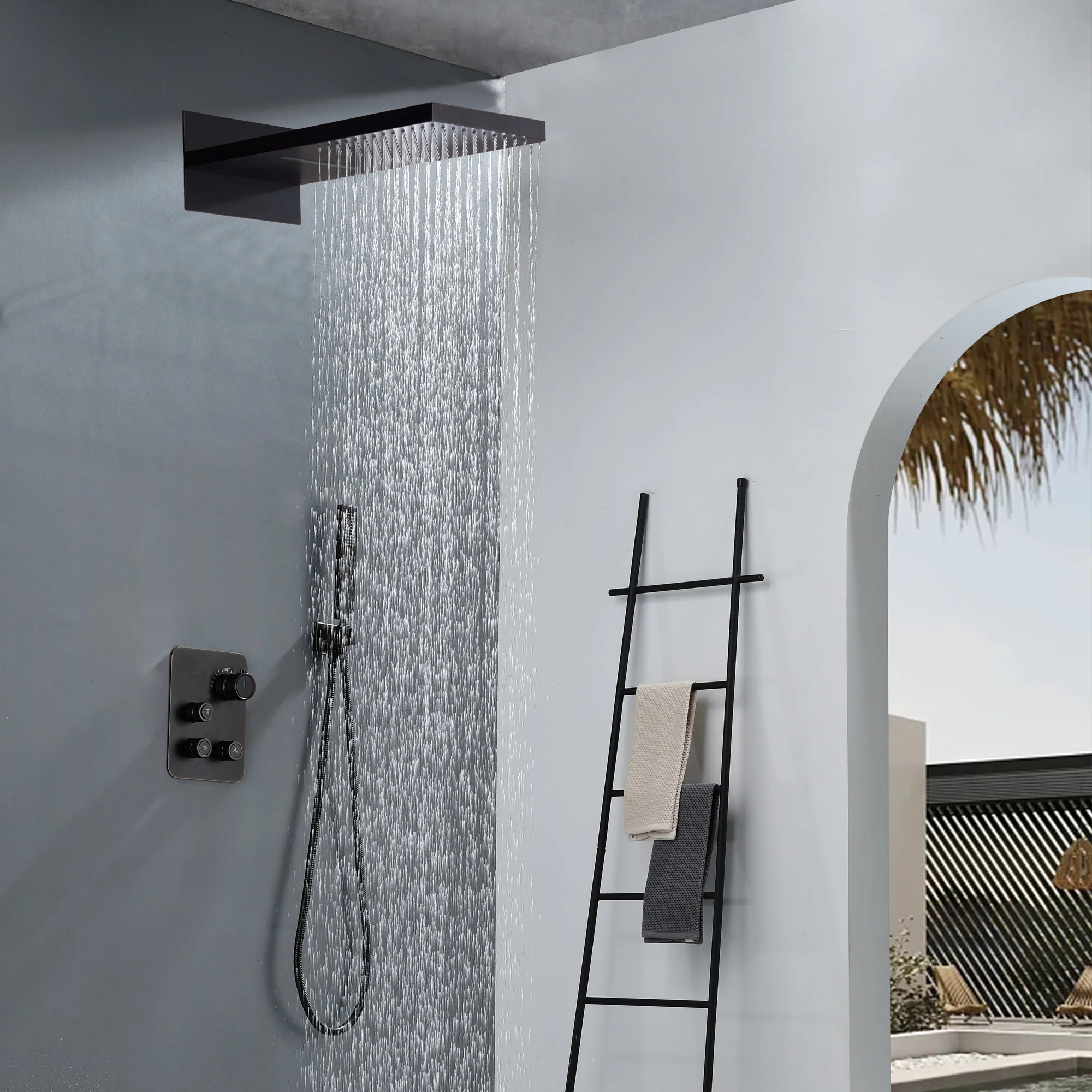 22" oil rubber bronze Rainfall/Waterfall Shower Head with 3-Way Thermostatic Faucet - Image 2