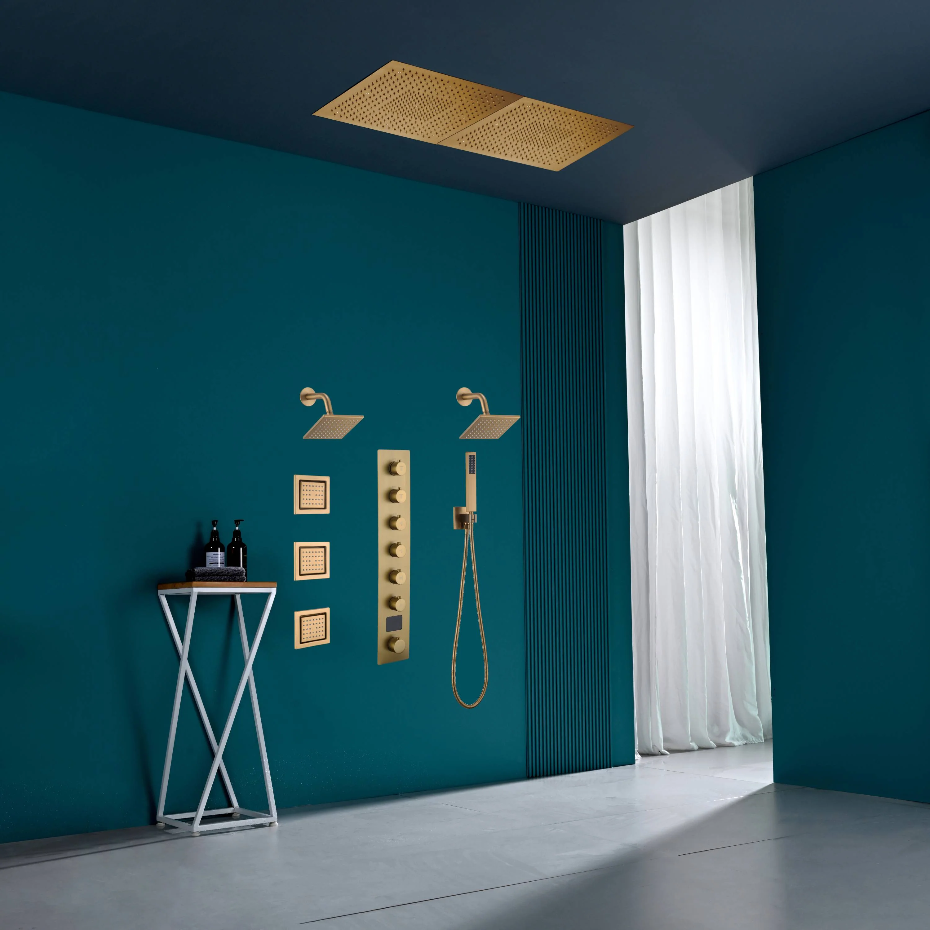 40 inch x 20 inch rainfall shower head 64 led light 6 way digital display shower faucet with dual regular heads and body jets