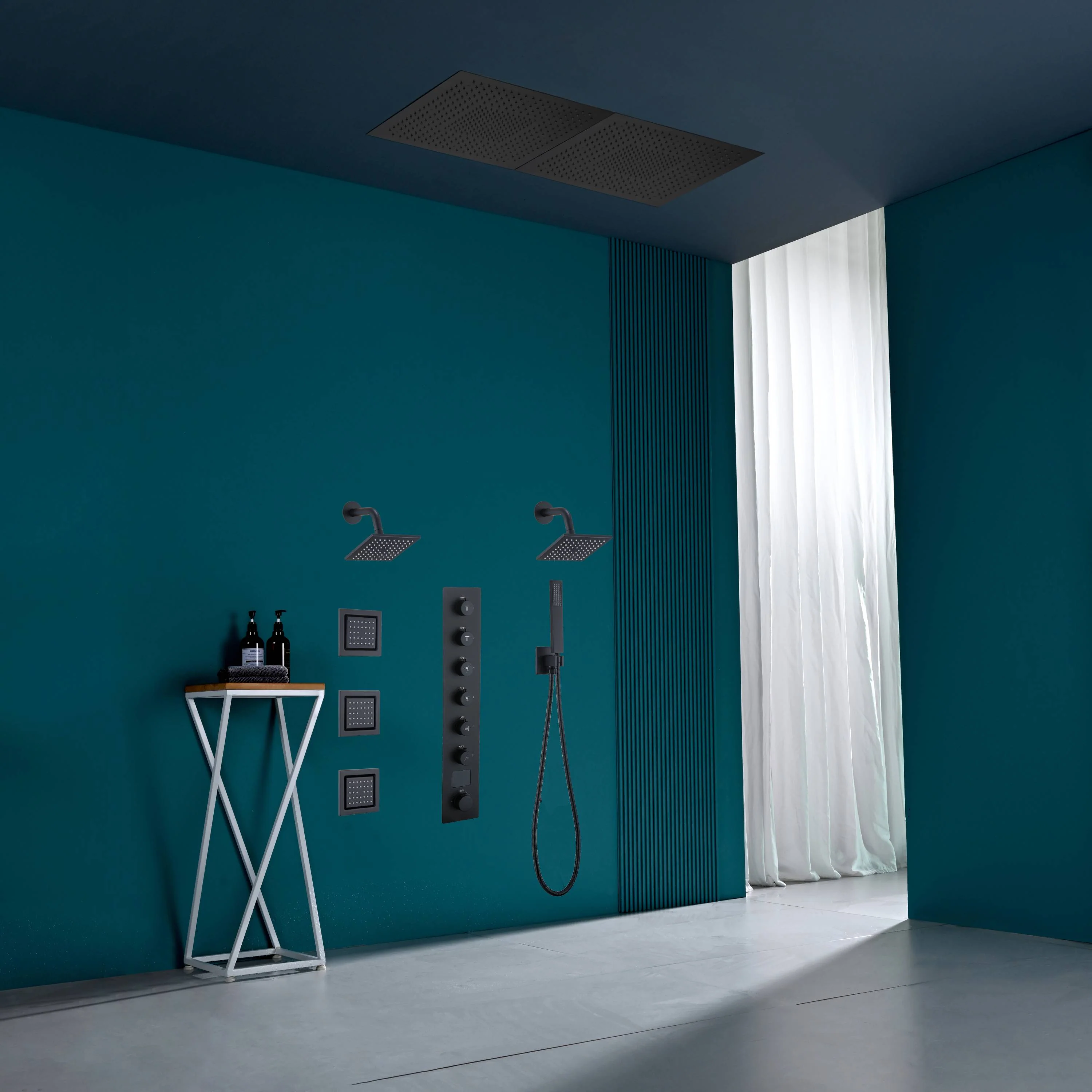 40 inch x 20 inch rainfall shower head 64 led light 6 way digital display shower faucet with dual regular heads and body jets - Image 16