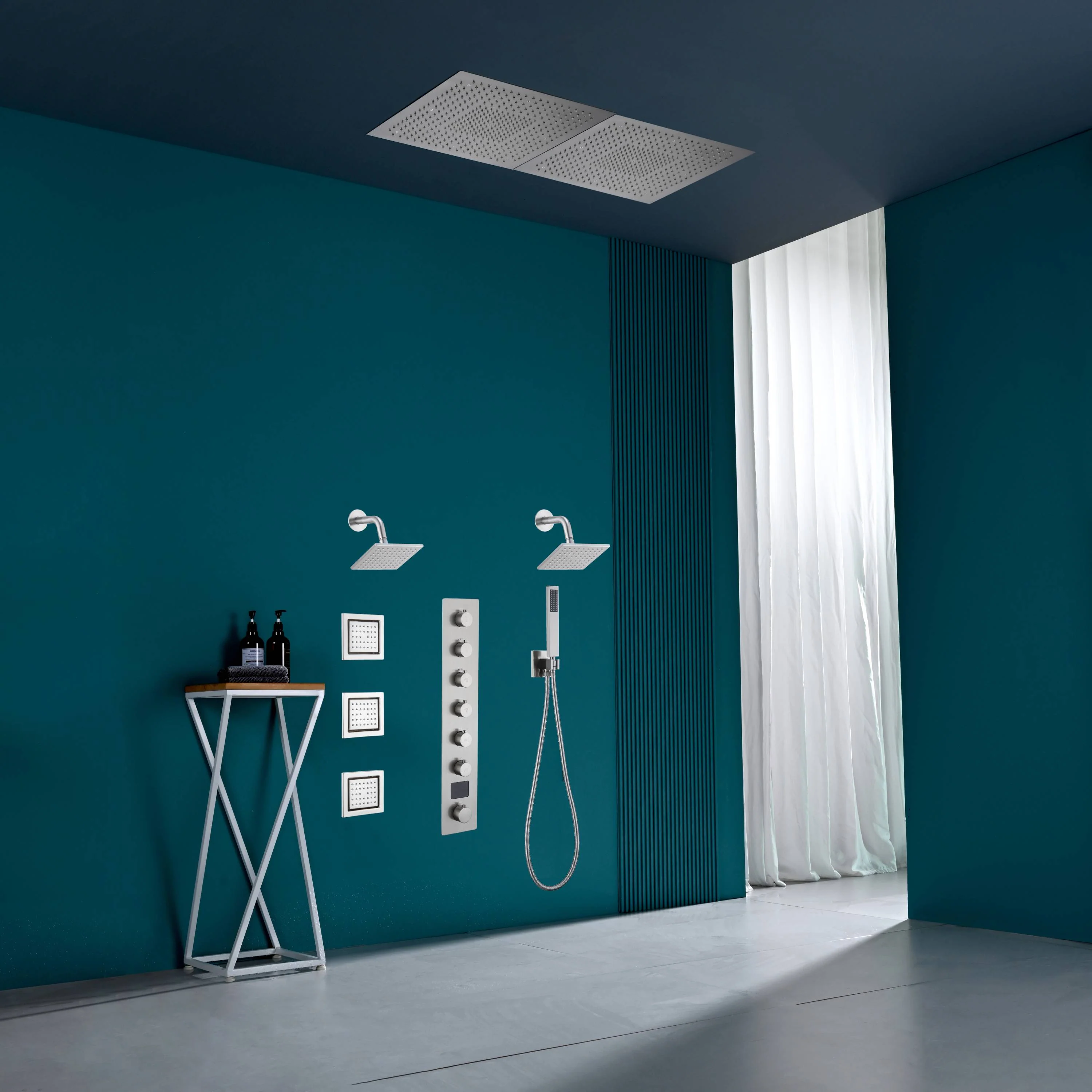 40 inch x 20 inch rainfall shower head 64 led light 6 way digital display shower faucet with dual regular heads and body jets - Image 36