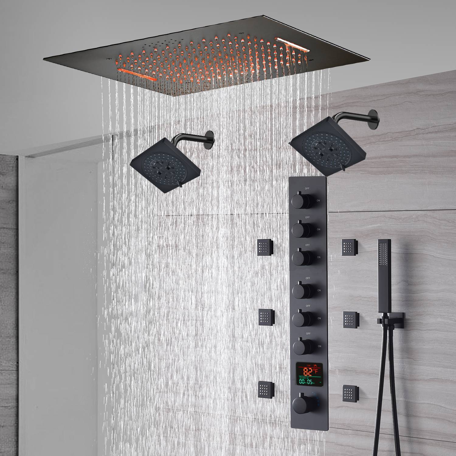 20-Inch or 24-Inch Matte Black Flush or Ceiling Mount Rainfall Waterfall Shower System: Complete with 6-Way Thermostatic Valve and 6 Body Jets and Dual Regular Head - Image 10