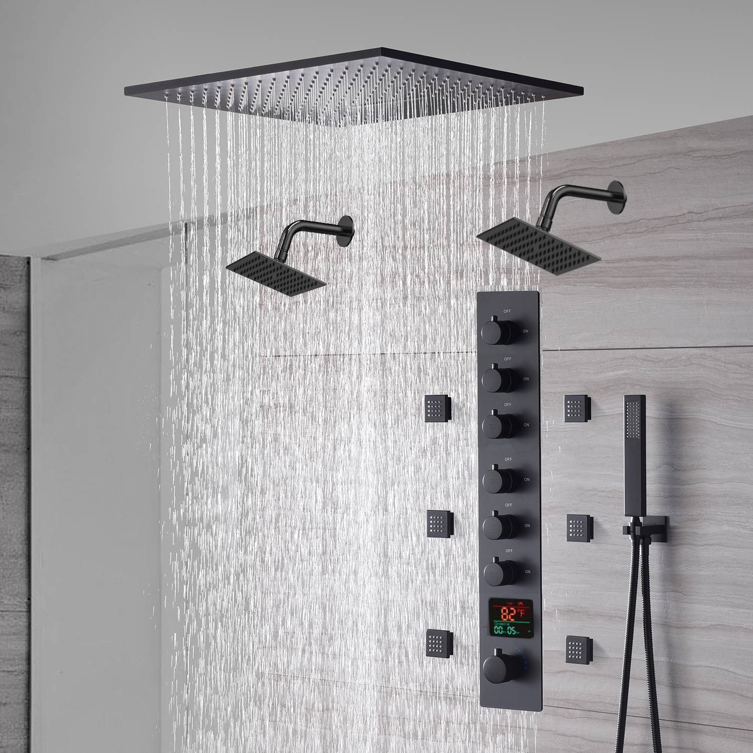 20-Inch or 24-Inch Matte Black Flush or Ceiling Mount Rainfall Waterfall Shower System: Complete with 6-Way Thermostatic Valve and 6 Body Jets and Dual Regular Head - Image 11