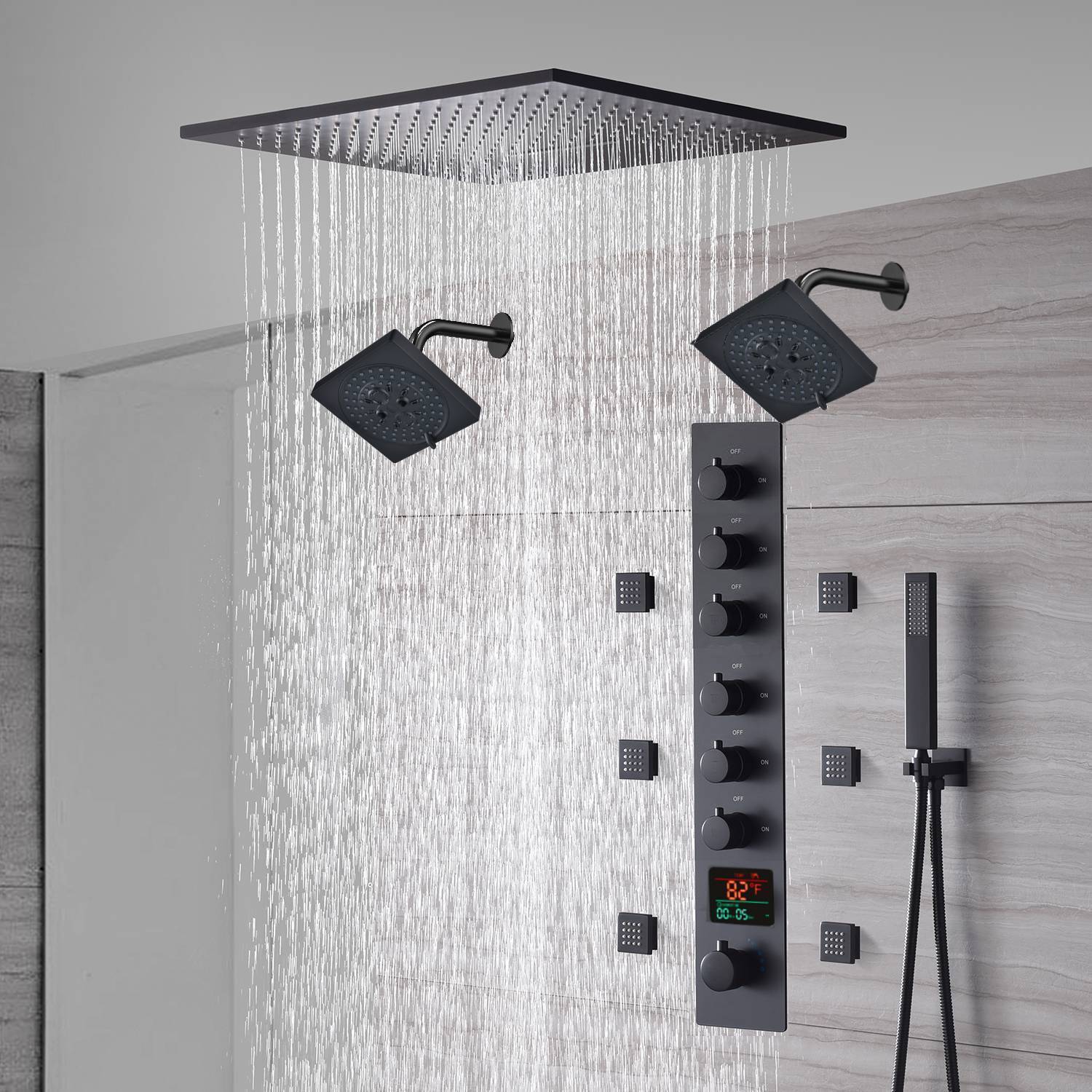 20-Inch or 24-Inch Matte Black Flush or Ceiling Mount Rainfall Waterfall Shower System: Complete with 6-Way Thermostatic Valve and 6 Body Jets and Dual Regular Head - Image 12
