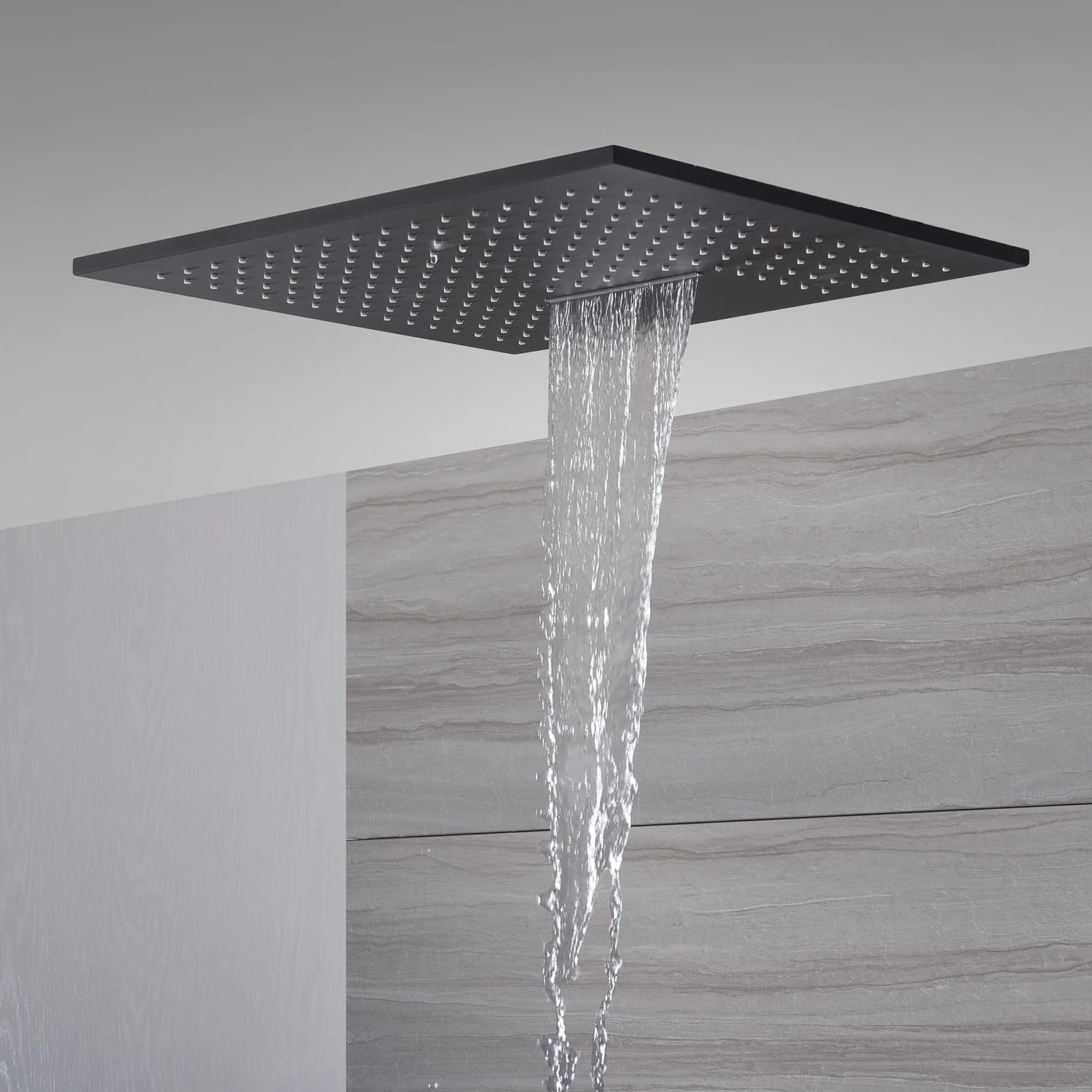 20-Inch or 24-Inch Matte Black Flush or Ceiling Mount Rainfall Waterfall Shower System: Complete with 6-Way Thermostatic Valve and 6 Body Jets and Dual Regular Head - Image 13