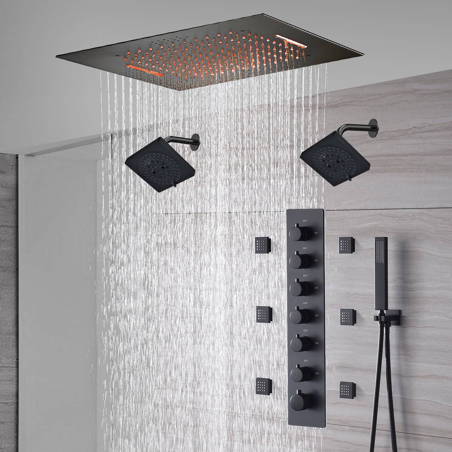 20-Inch or 24-Inch Matte Black Flush or Ceiling Mount Rainfall Waterfall Shower System: Complete with 6-Way Thermostatic Valve and 6 Body Jets and Dual Regular Head - Image 2