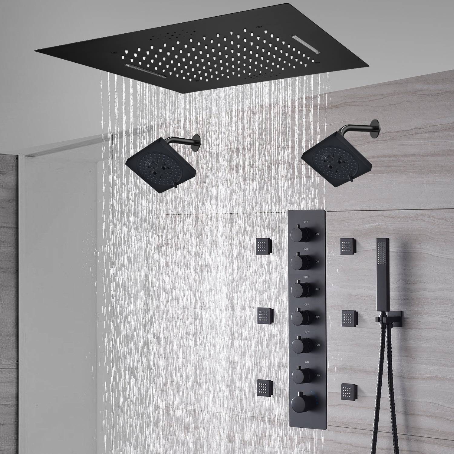 20-Inch or 24-Inch Matte Black Flush or Ceiling Mount Rainfall Waterfall Shower System: Complete with 6-Way Thermostatic Valve and 6 Body Jets and Dual Regular Head - Image 3