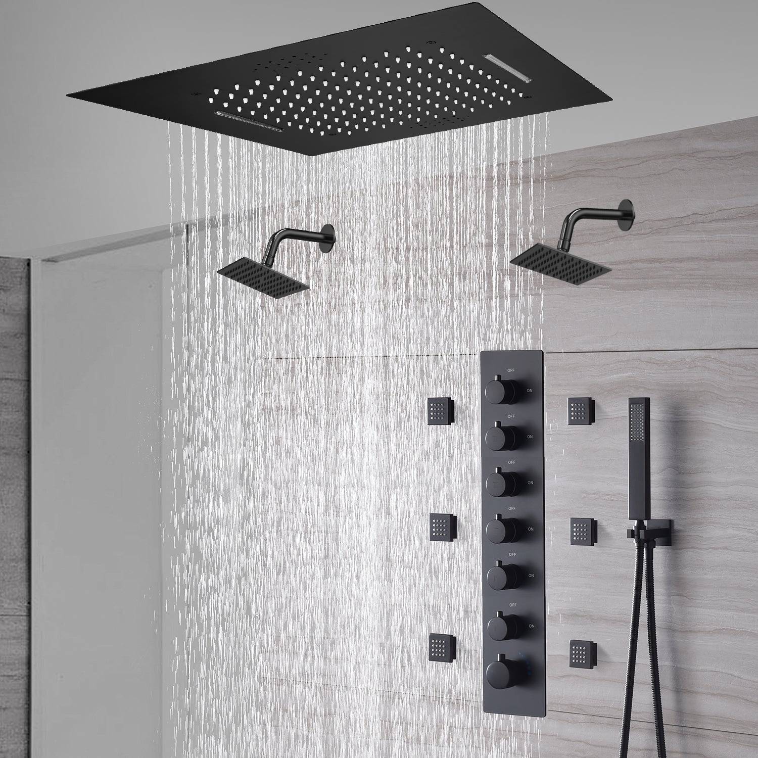 20-Inch or 24-Inch Matte Black Flush or Ceiling Mount Rainfall Waterfall Shower System: Complete with 6-Way Thermostatic Valve and 6 Body Jets and Dual Regular Head - Image 4