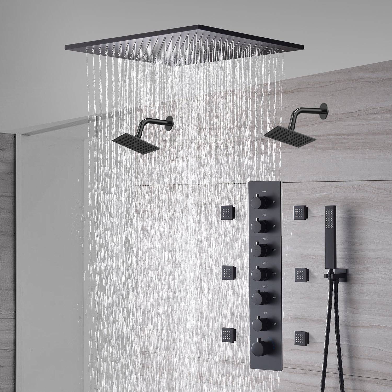 20-Inch or 24-Inch Matte Black Flush or Ceiling Mount Rainfall Waterfall Shower System: Complete with 6-Way Thermostatic Valve and 6 Body Jets and Dual Regular Head - Image 5