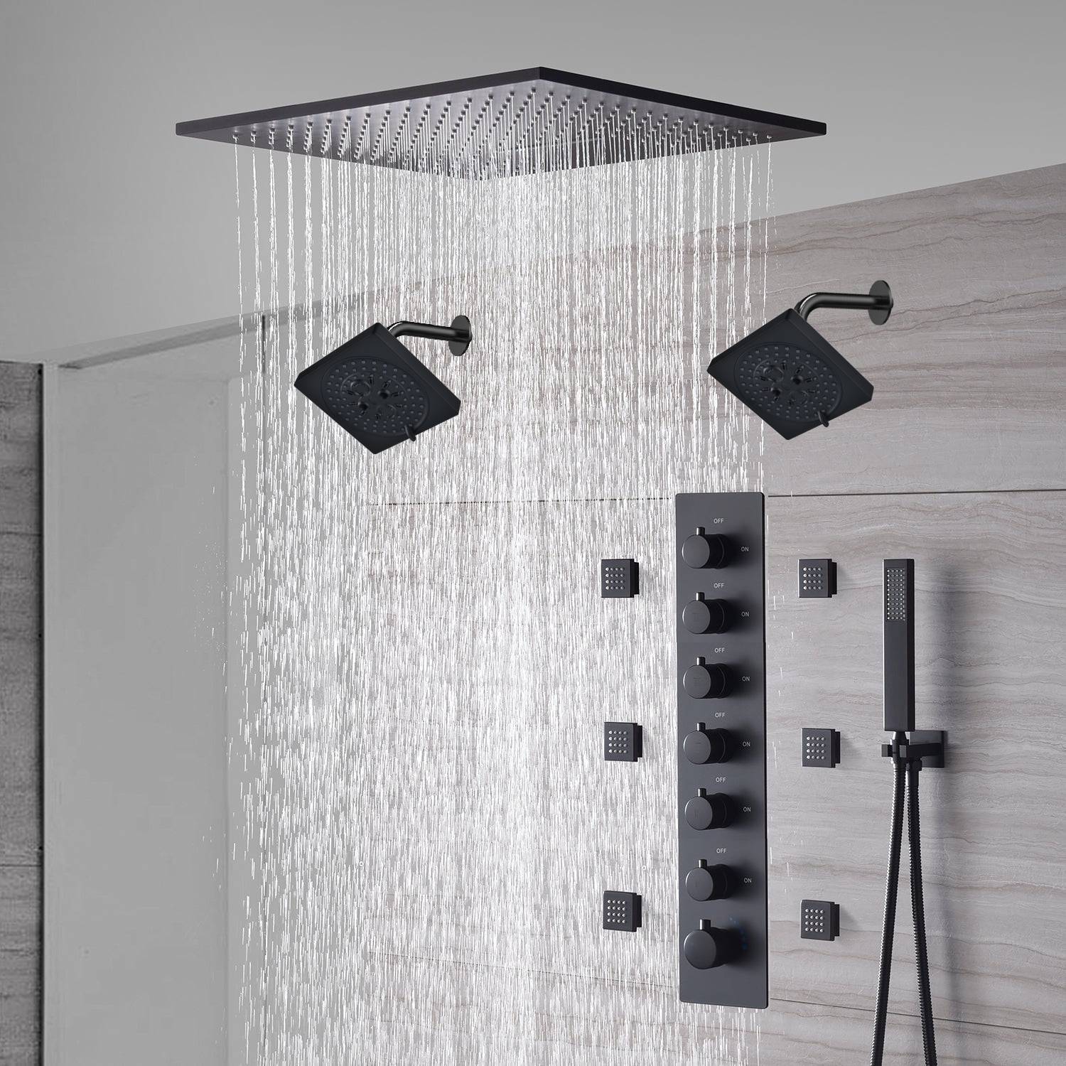 20-Inch or 24-Inch Matte Black Flush or Ceiling Mount Rainfall Waterfall Shower System: Complete with 6-Way Thermostatic Valve and 6 Body Jets and Dual Regular Head - Image 6