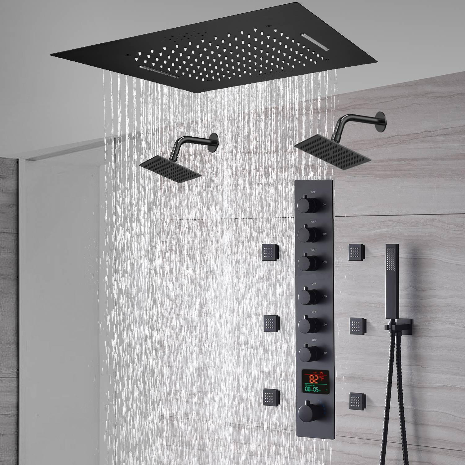 20-Inch or 24-Inch Matte Black Flush or Ceiling Mount Rainfall Waterfall Shower System: Complete with 6-Way Thermostatic Valve and 6 Body Jets and Dual Regular Head - Image 7