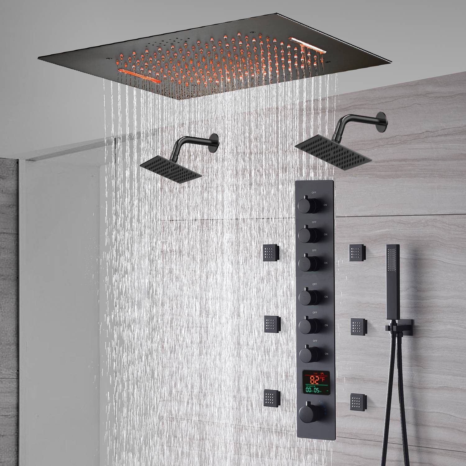 20-Inch or 24-Inch Matte Black Flush or Ceiling Mount Rainfall Waterfall Shower System: Complete with 6-Way Thermostatic Valve and 6 Body Jets and Dual Regular Head - Image 8