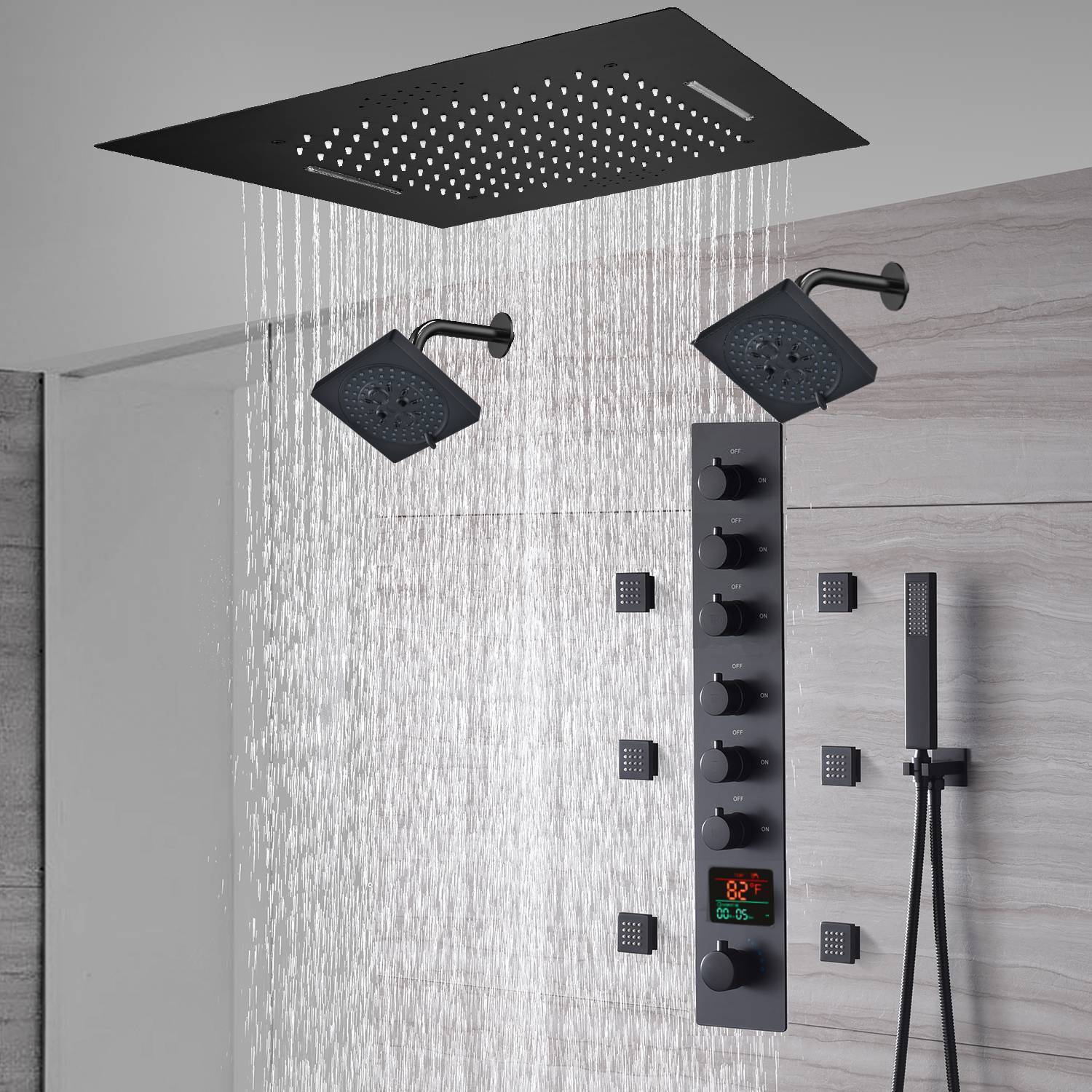 20-Inch or 24-Inch Matte Black Flush or Ceiling Mount Rainfall Waterfall Shower System: Complete with 6-Way Thermostatic Valve and 6 Body Jets and Dual Regular Head - Image 9