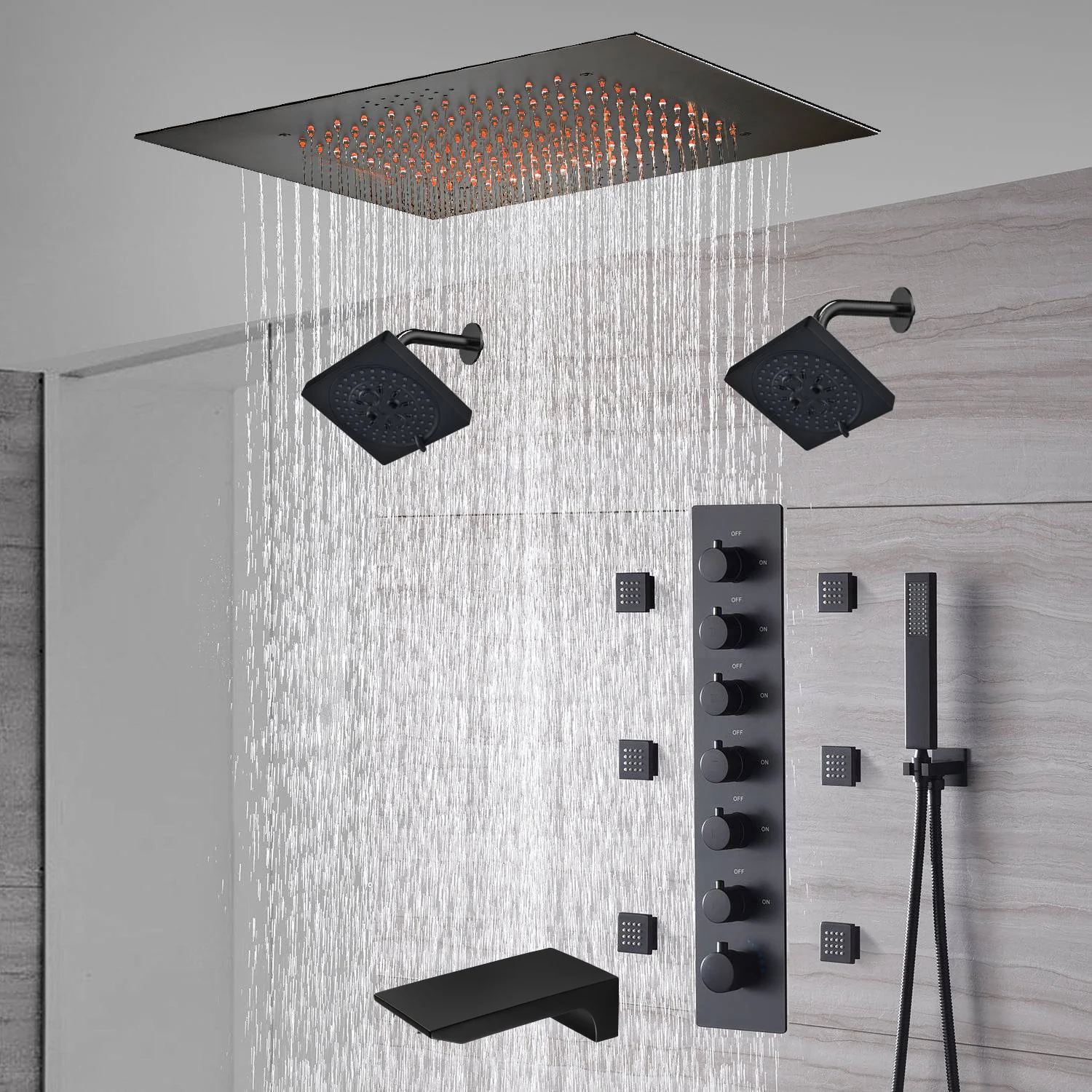 20-Inch Matte Black Flush Mount Rainfall Shower System: Complete with 6-Way Thermostatic Valve and 6 Body Jets and Dual Regular Heads and Tub Spout - Image 10