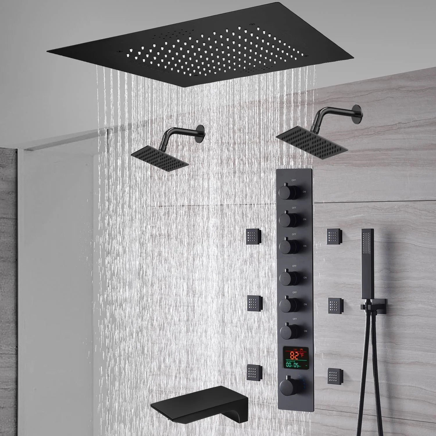 20-Inch Matte Black Flush Mount Rainfall Shower System: Complete with 6-Way Thermostatic Valve and 6 Body Jets and Dual Regular Heads and Tub Spout - Image 11