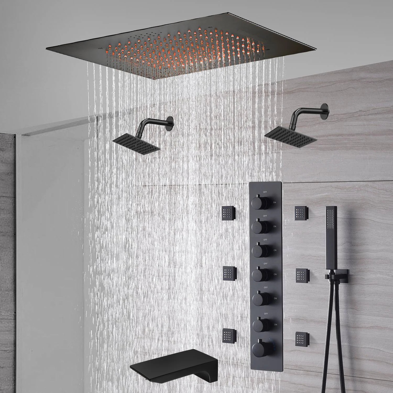 20-Inch Matte Black Flush Mount Rainfall Shower System: Complete with 6-Way Thermostatic Valve and 6 Body Jets and Dual Regular Heads and Tub Spout - Image 12