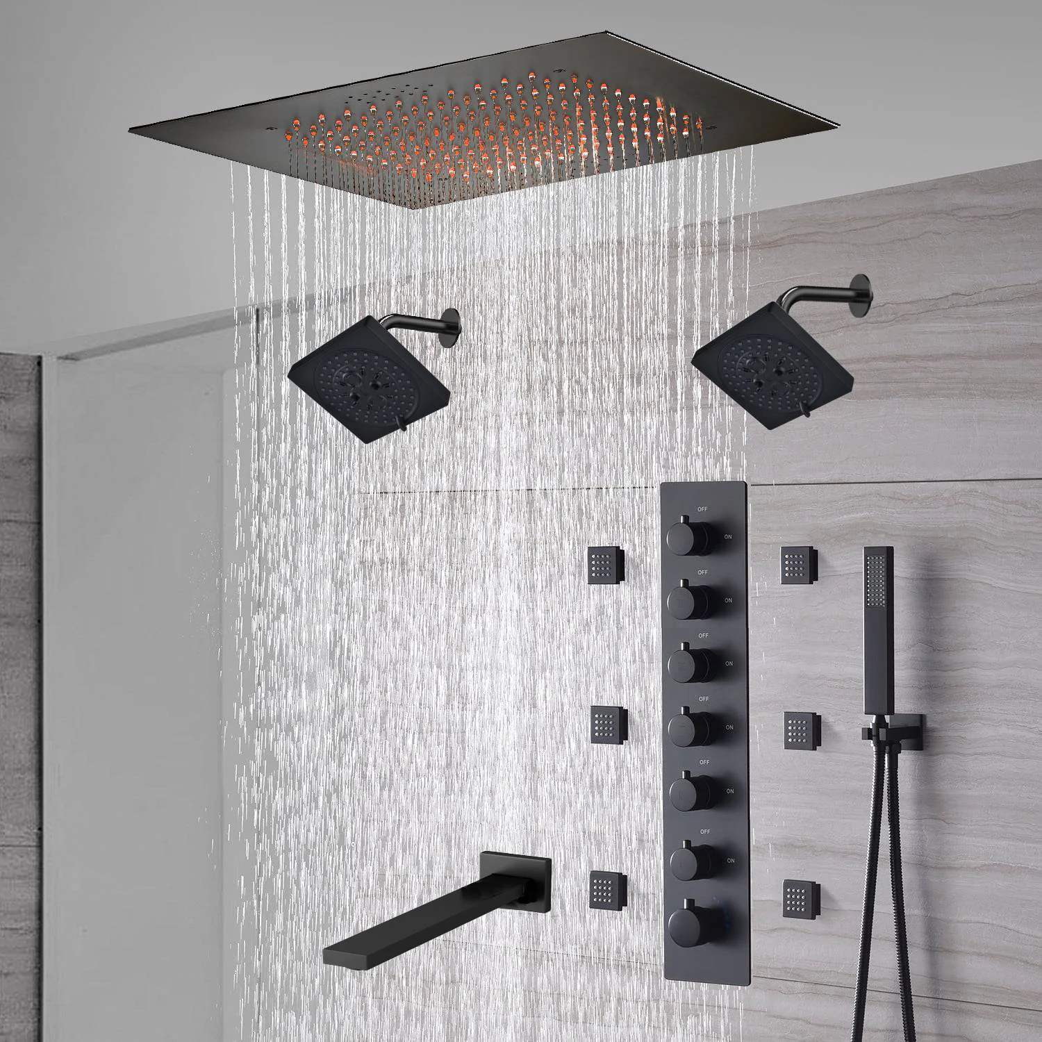 20-Inch Matte Black Flush Mount Rainfall Shower System: Complete with 6-Way Thermostatic Valve and 6 Body Jets and Dual Regular Heads and Tub Spout - Image 2