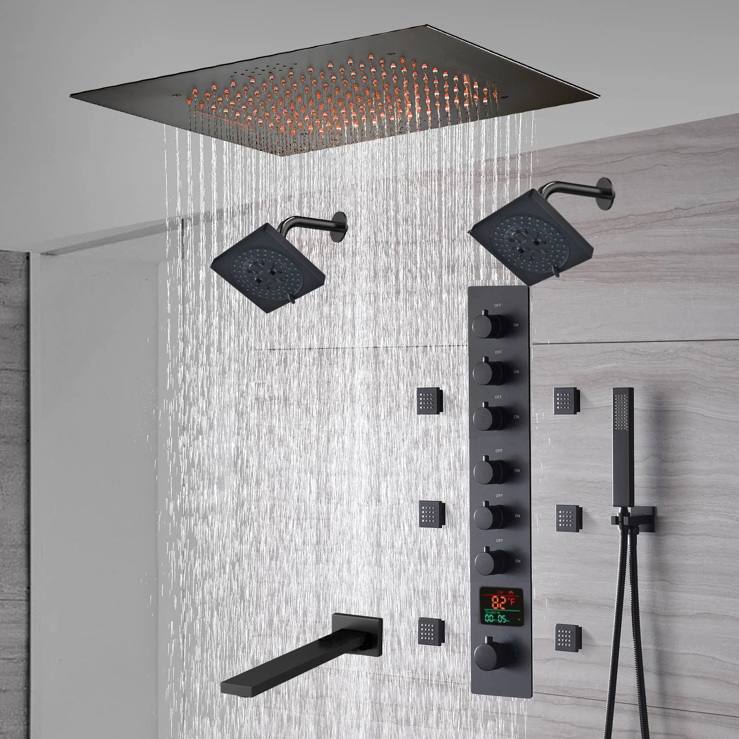 20-Inch Matte Black Flush Mount Rainfall Shower System: Complete with 6-Way Thermostatic Valve and 6 Body Jets and Dual Regular Heads and Tub Spout - Image 3