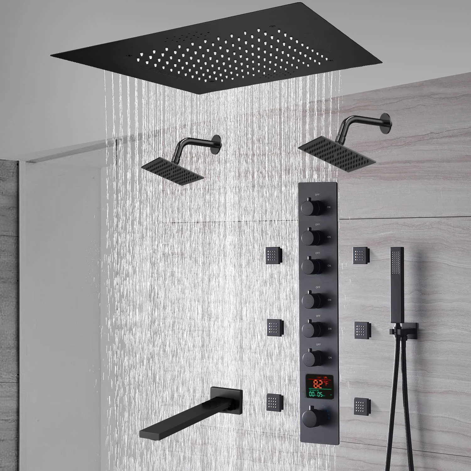 20-Inch Matte Black Flush Mount Rainfall Shower System: Complete with 6-Way Thermostatic Valve and 6 Body Jets and Dual Regular Heads and Tub Spout - Image 4