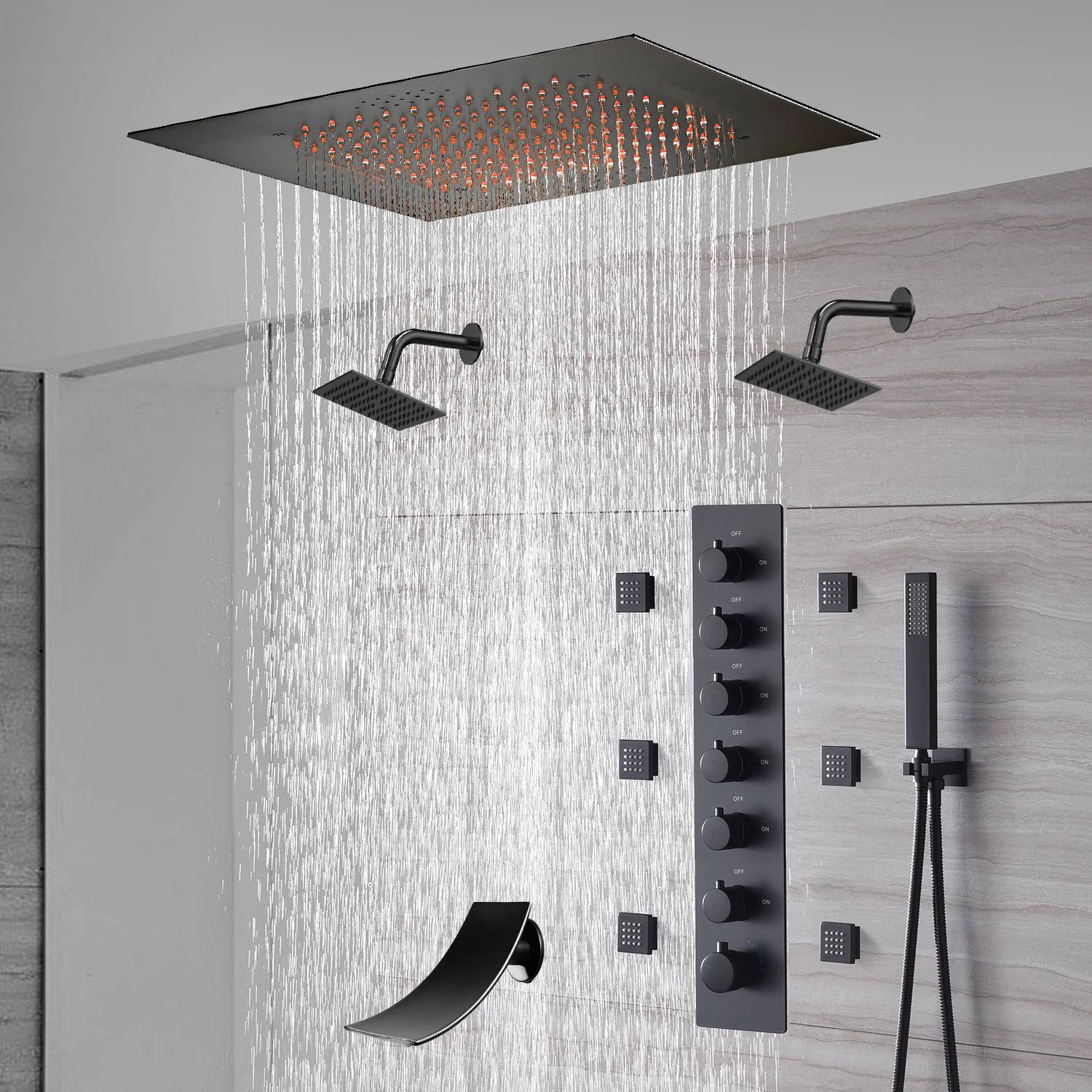 20-Inch Matte Black Flush Mount Rainfall Shower System: Complete with 6-Way Thermostatic Valve and 6 Body Jets and Dual Regular Heads and Tub Spout - Image 5